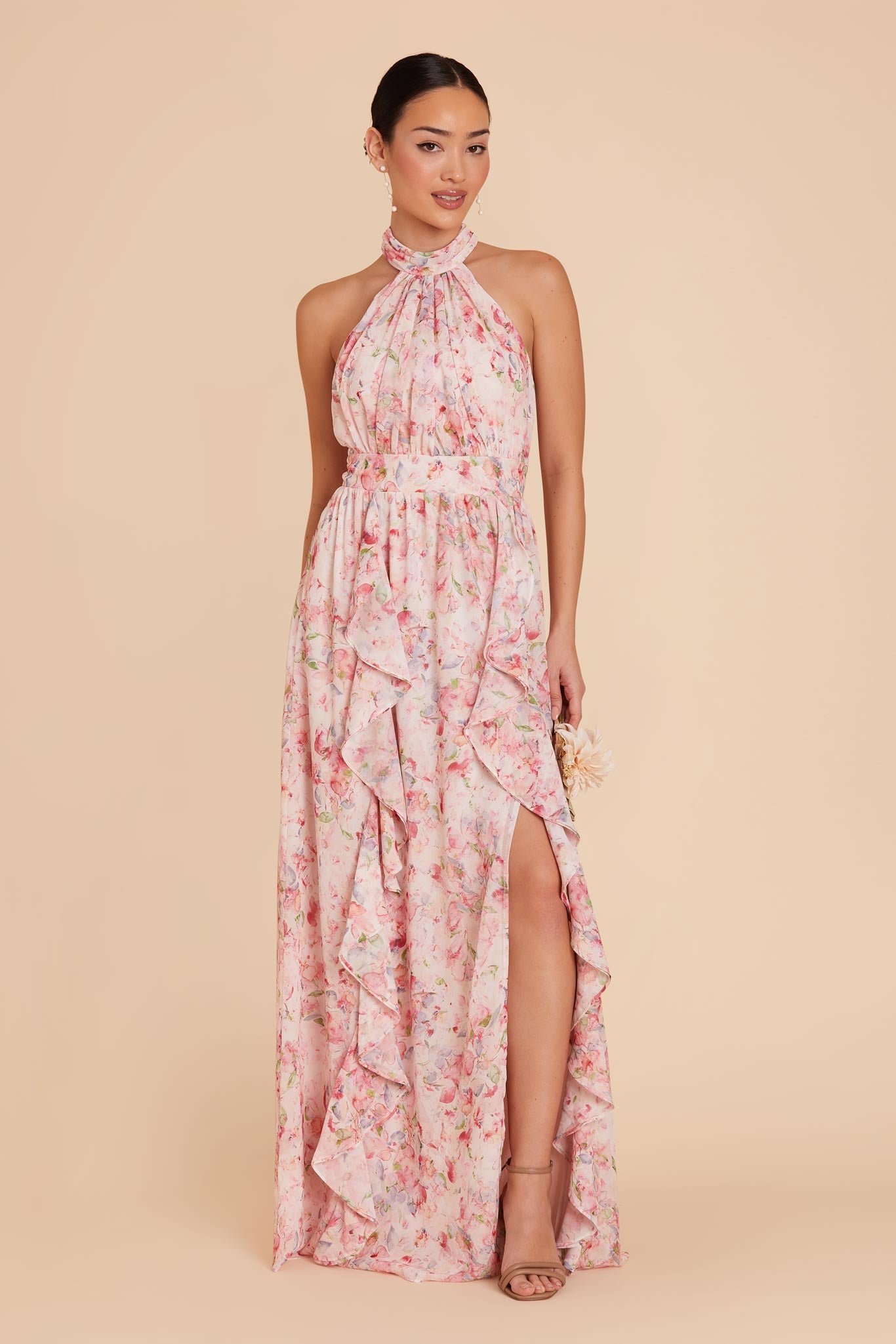 Elegant Chiffon Dress with Ruffled Trim & High Neckline | Joyce