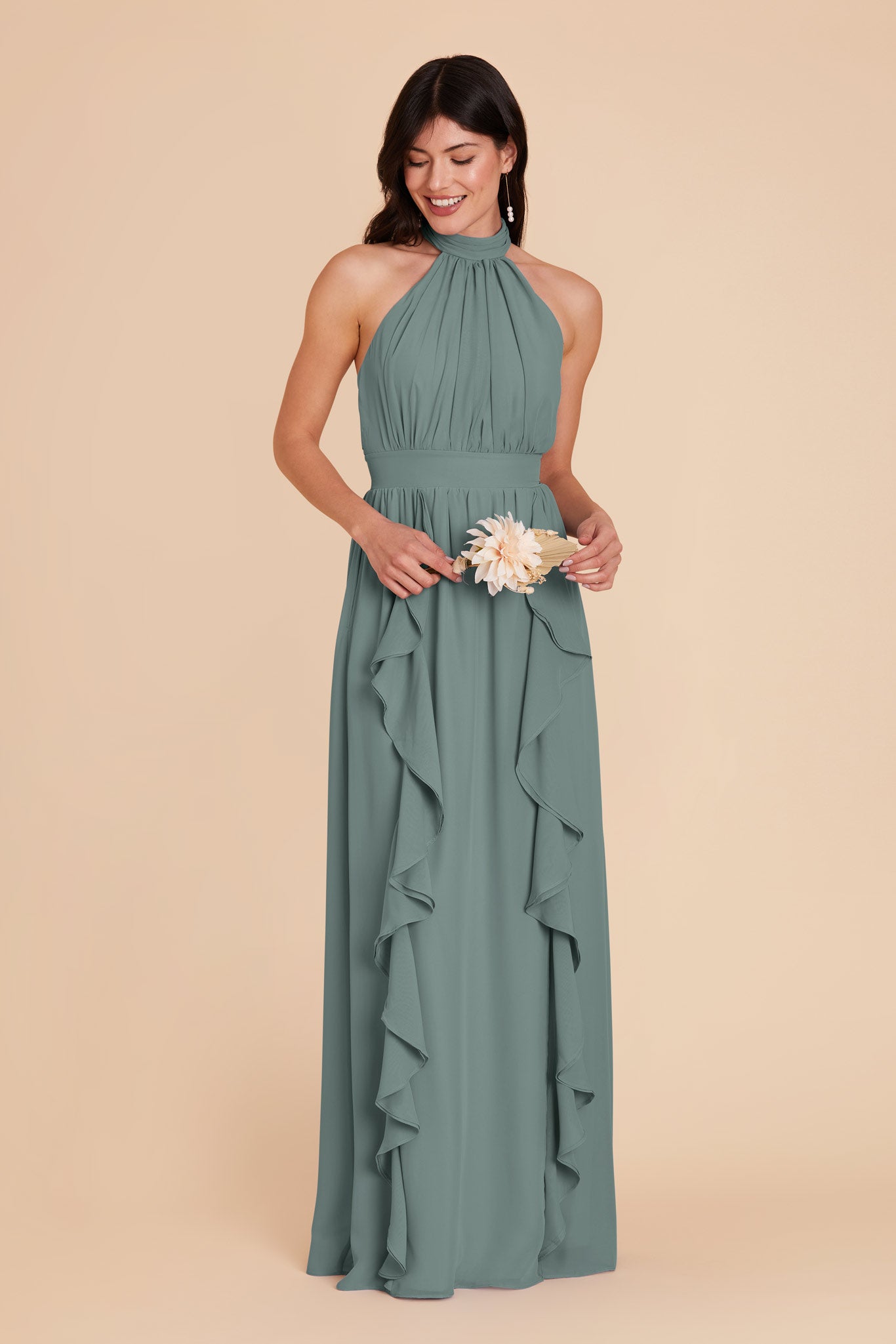 Elegant Chiffon Dress with Ruffled Trim & High Neckline | Joyce