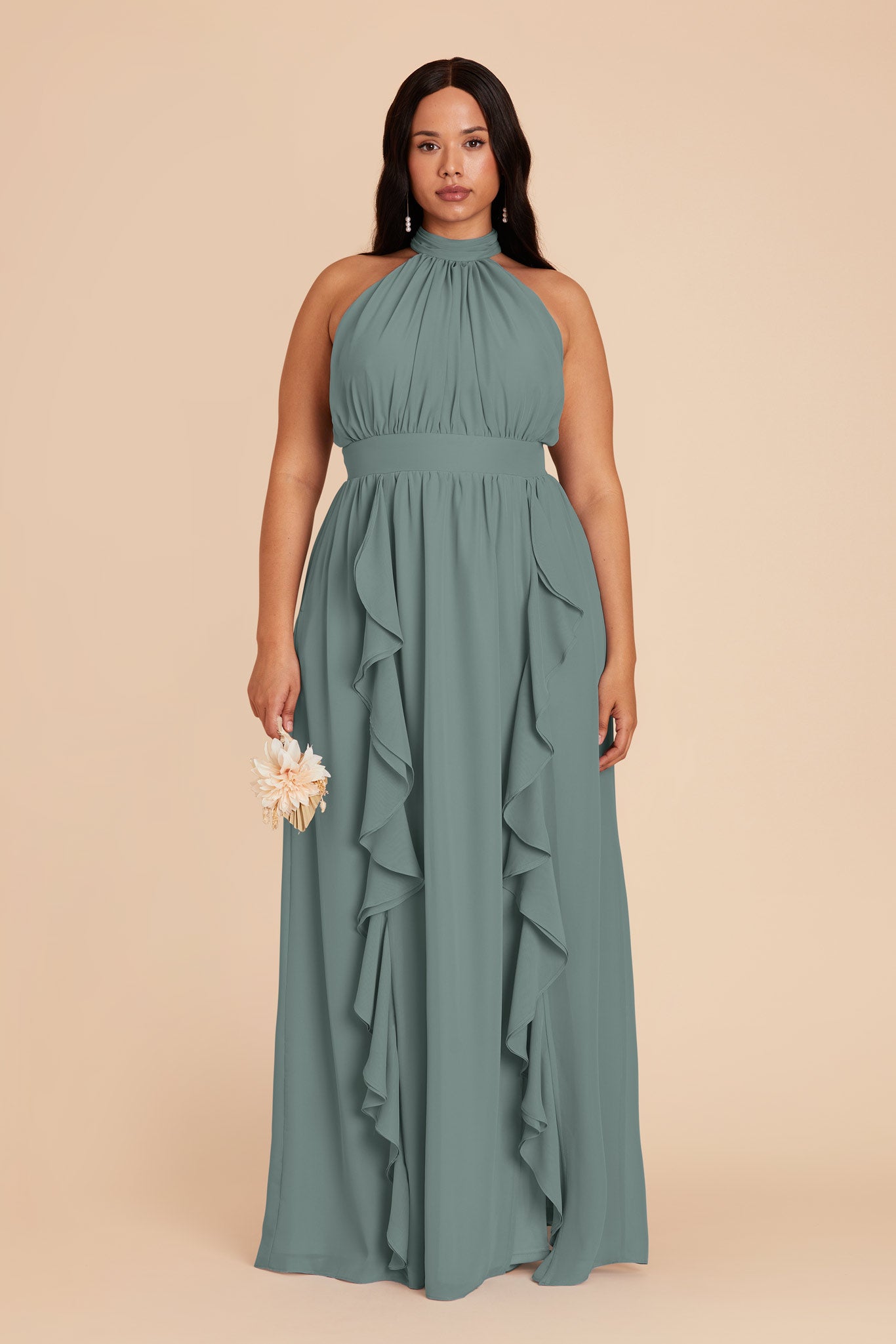 Elegant Chiffon Dress with Ruffled Trim & High Neckline | Joyce