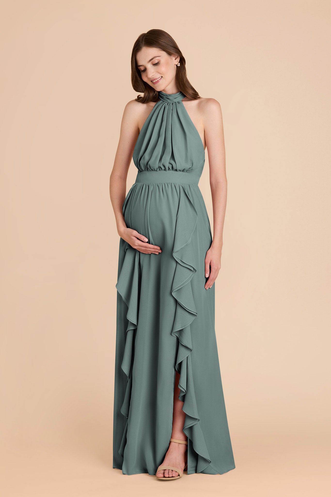 Elegant Chiffon Dress with Ruffled Trim & High Neckline | Joyce