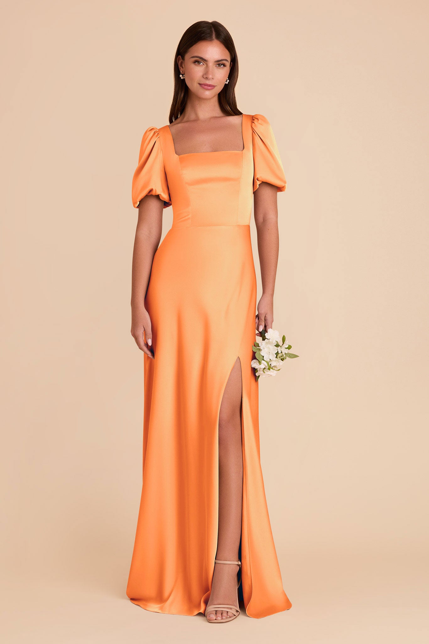 Matte Satin Dress with Square Neckline & Short Sleeves | Judy