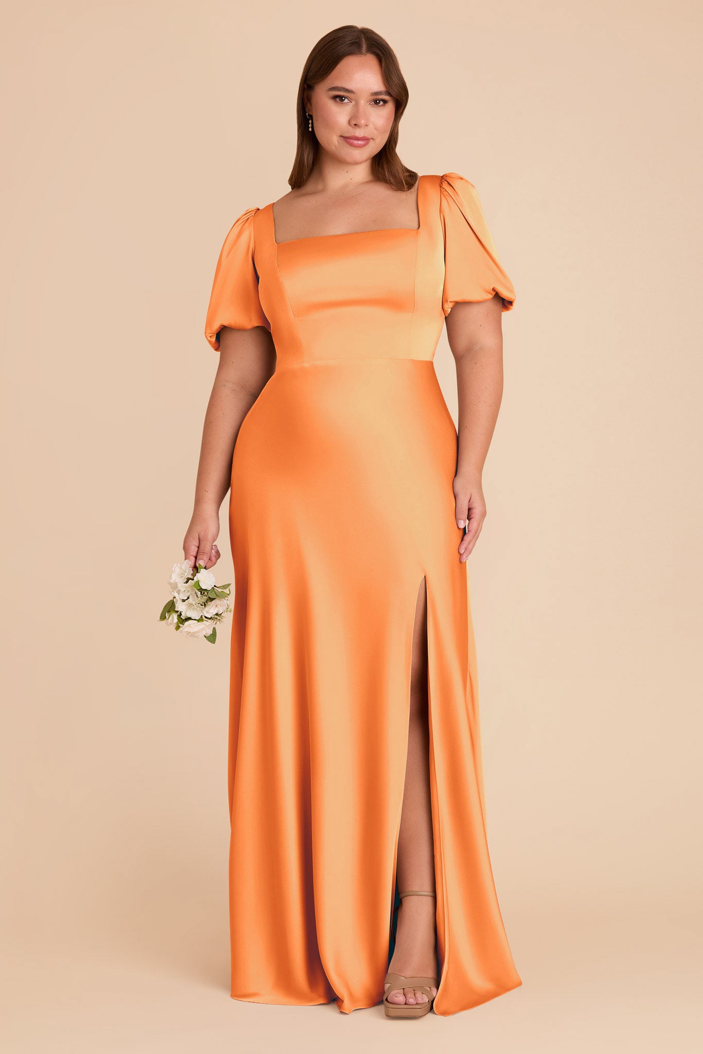 Matte Satin Dress with Square Neckline & Short Sleeves | Judy