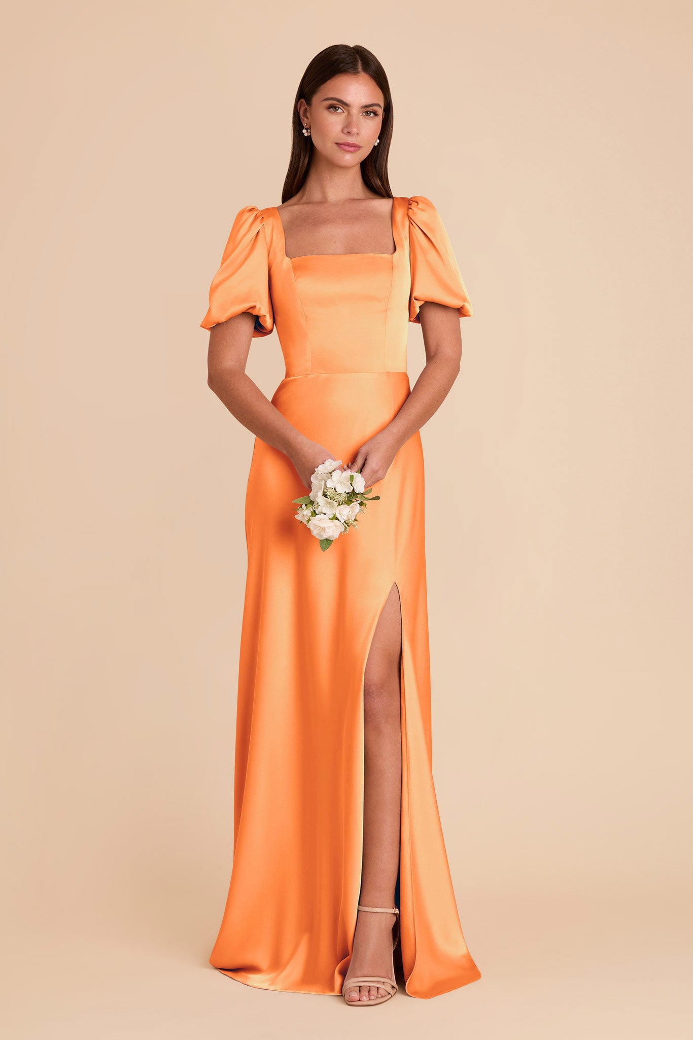 Matte Satin Dress with Square Neckline & Short Sleeves | Judy
