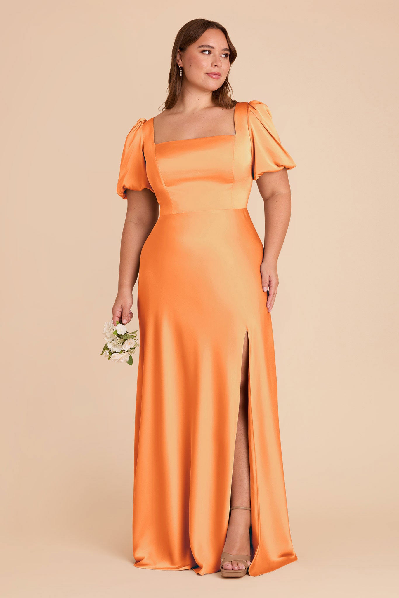Matte Satin Dress with Square Neckline & Short Sleeves | Judy