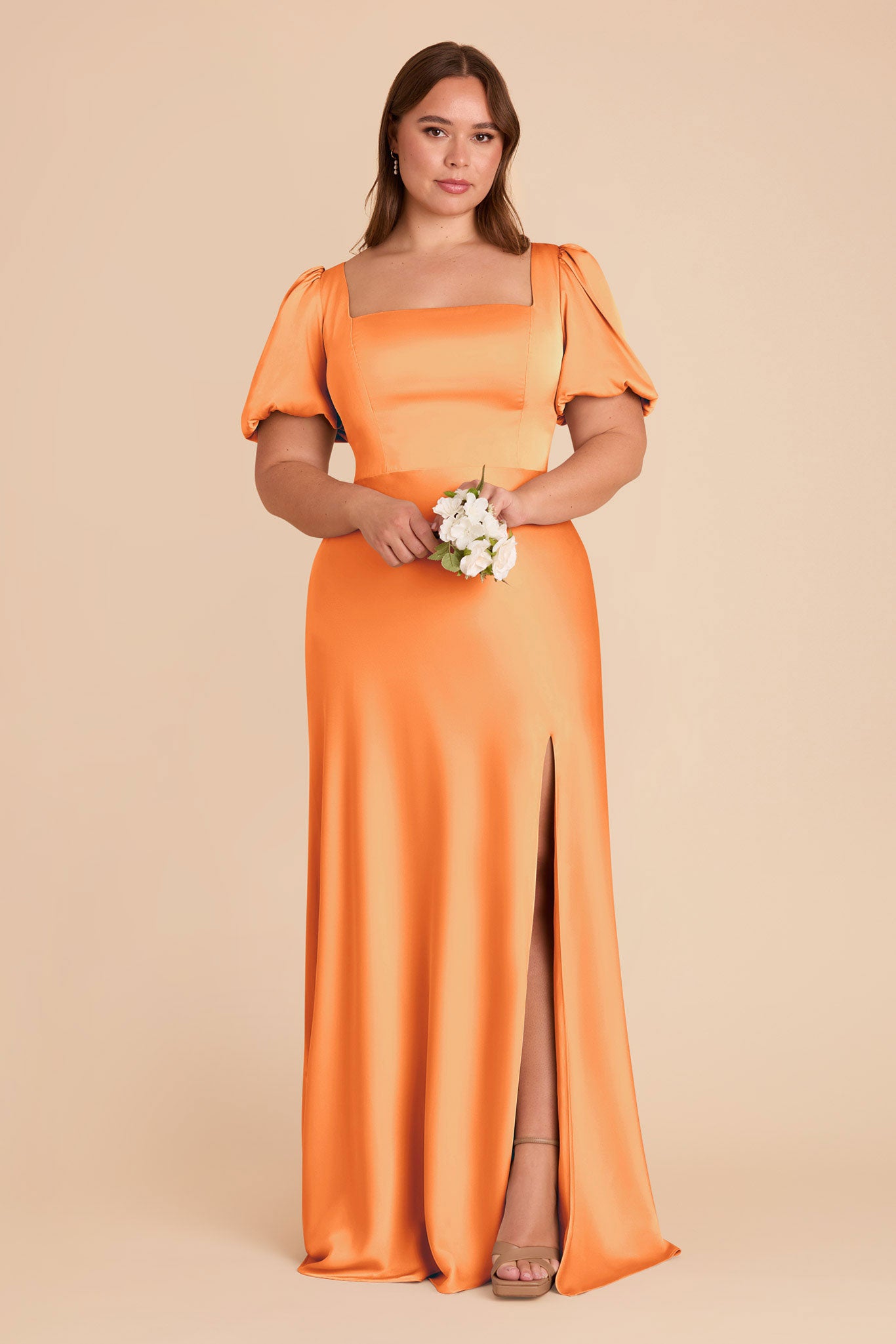 Matte Satin Dress with Square Neckline & Short Sleeves | Judy