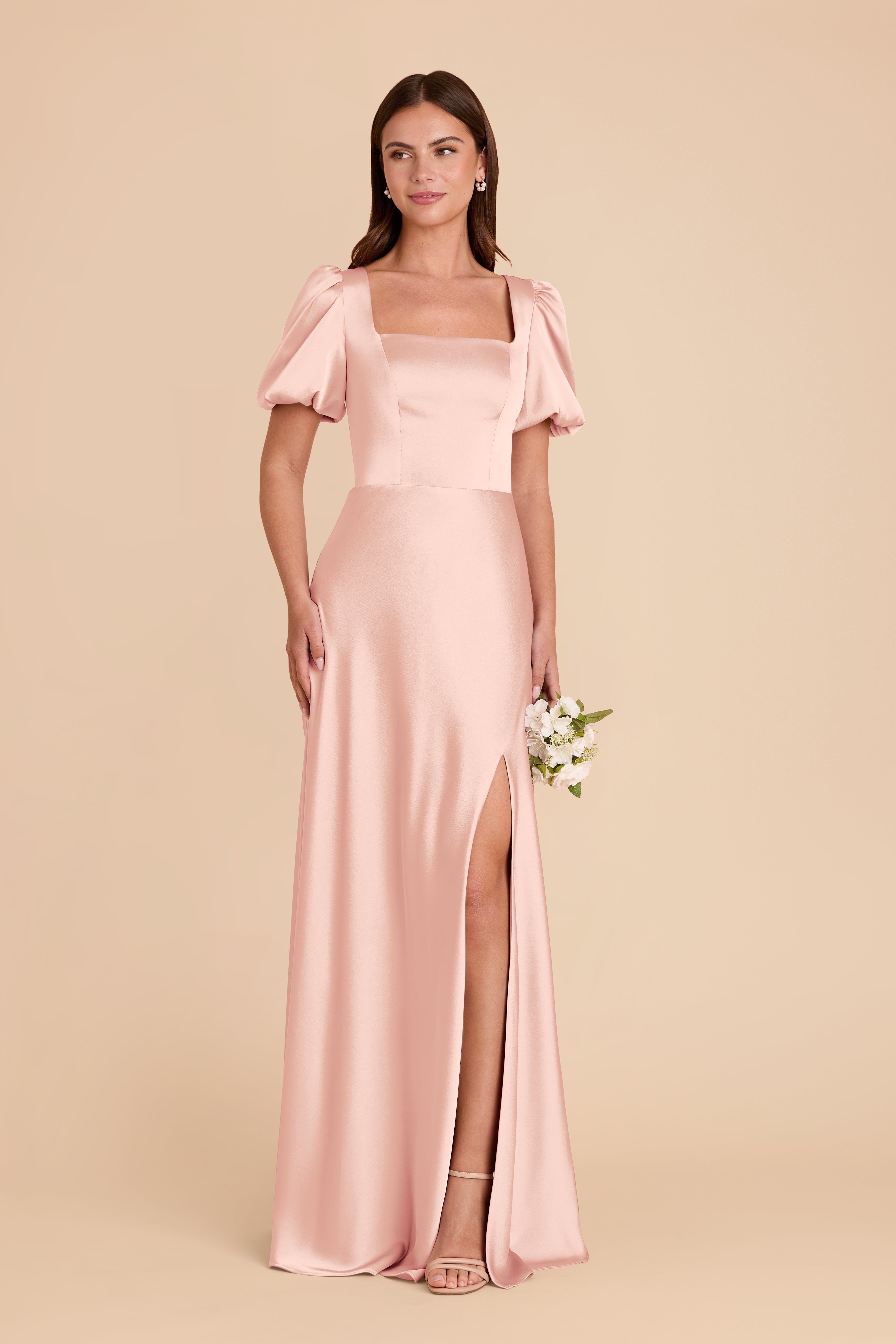 Matte Satin Dress with Square Neckline & Short Sleeves | Judy