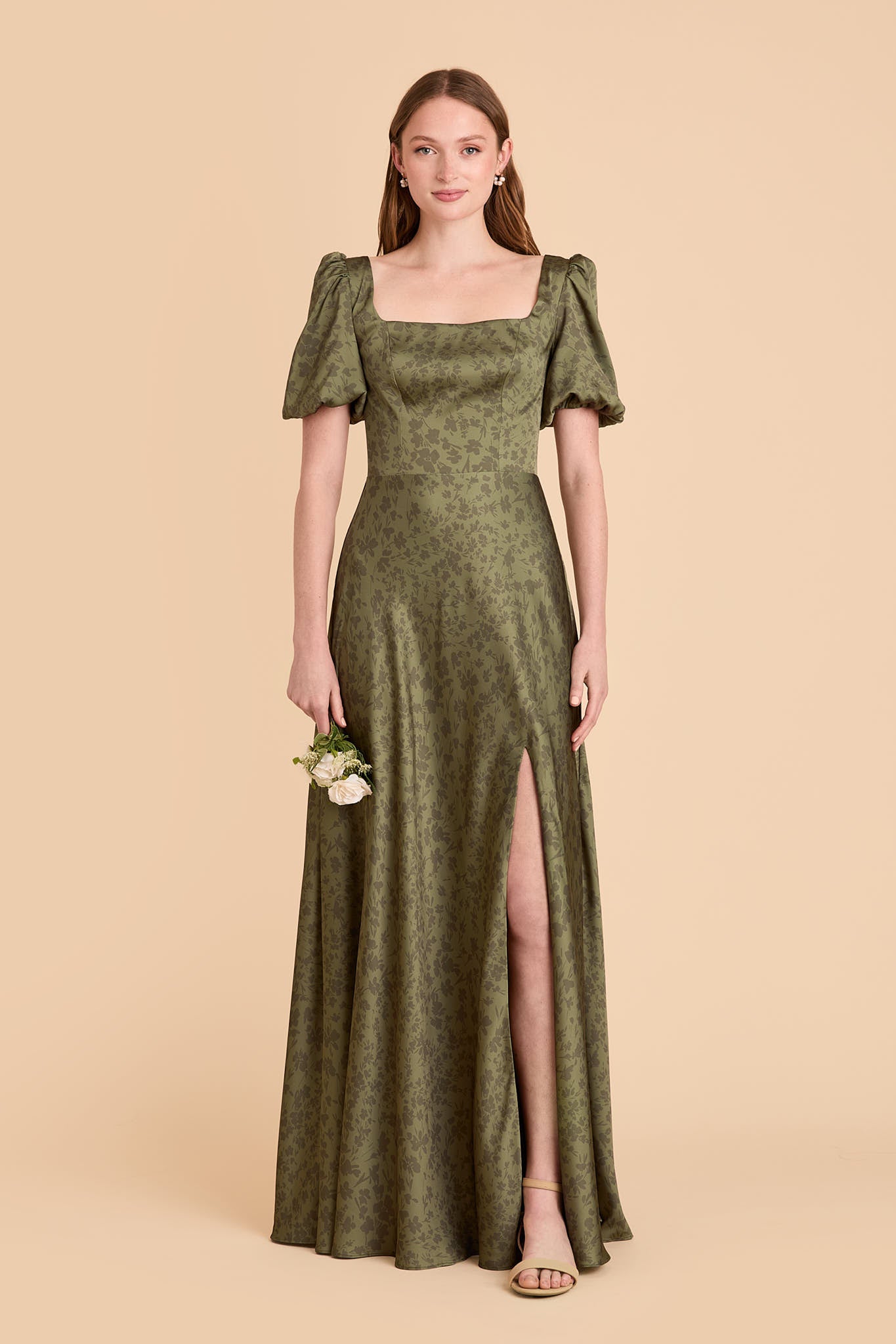 Square Neck Satin Dress with Short Sleeves | Judy Floral Gown