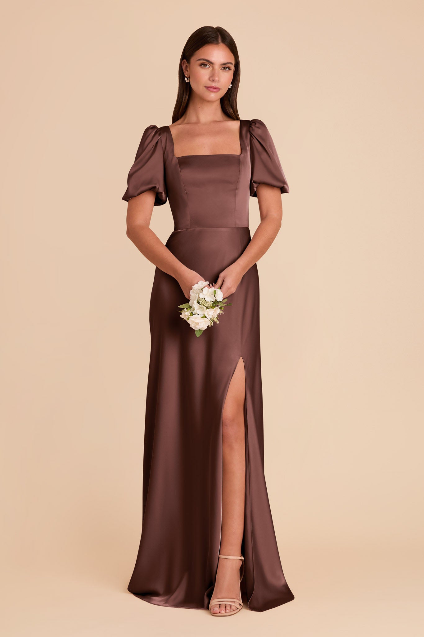 Matte Satin Dress with Square Neckline & Short Sleeves | Judy