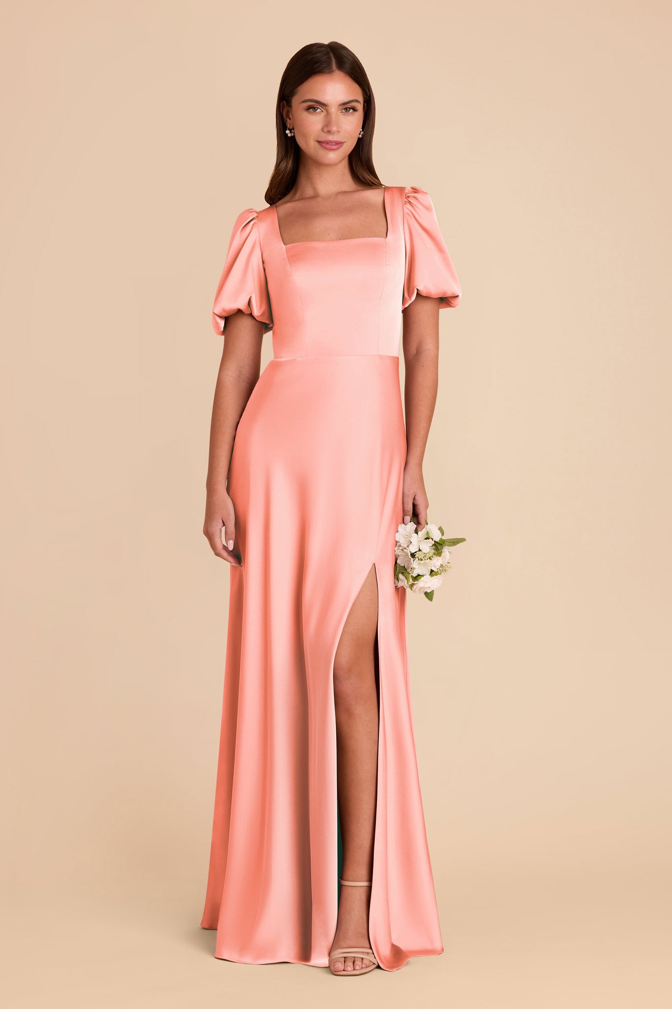 Satin Square Neck Dress with Short Sleeves | Judy Coral Pink