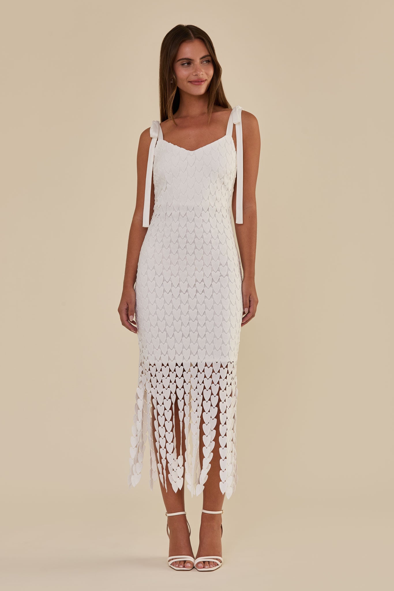 White Lace Midi Dress with Laser-Cut Fringe | Amore Dress