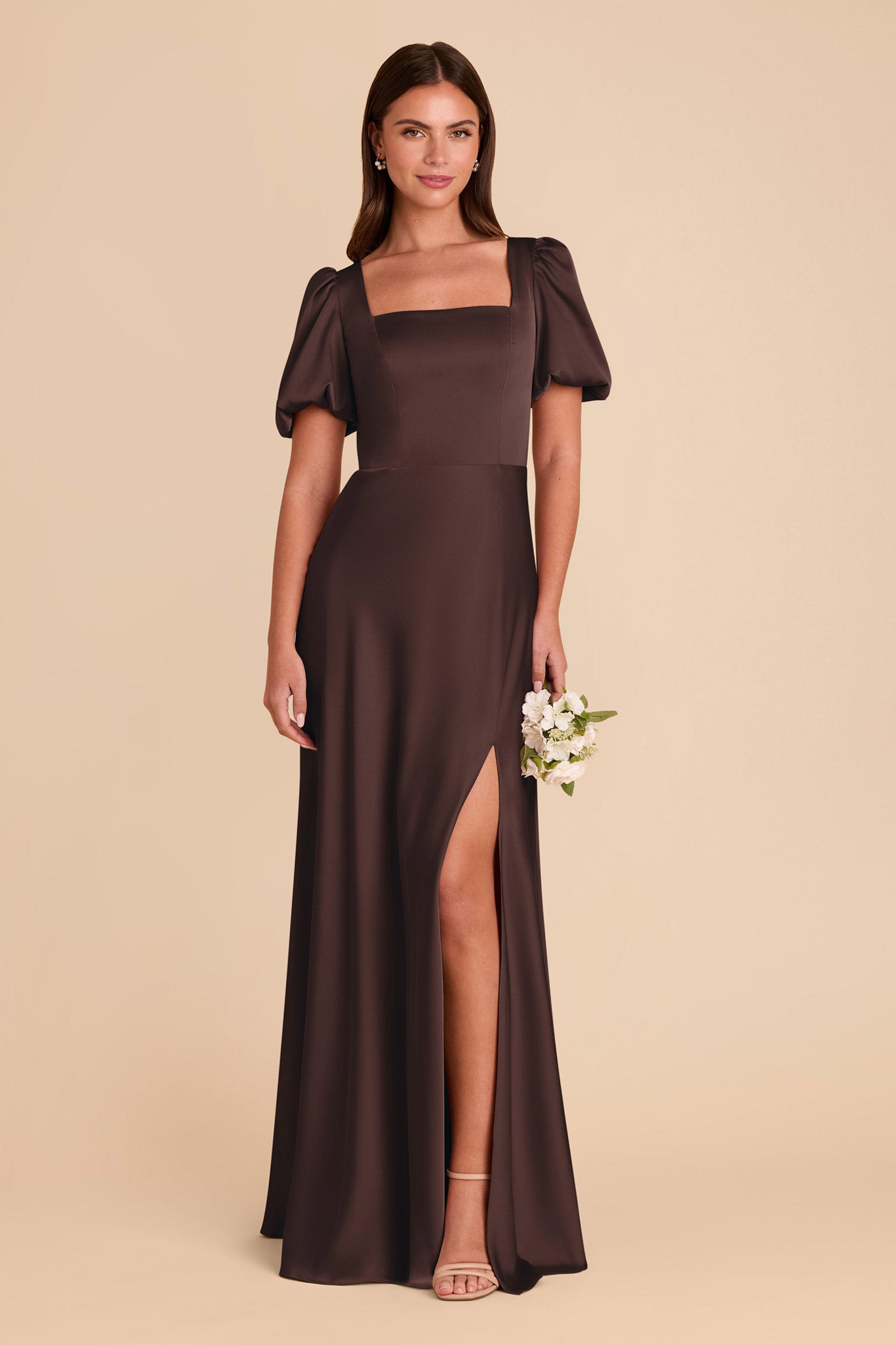 Square Neck Satin Dress with Short Sleeves | Judy Matte