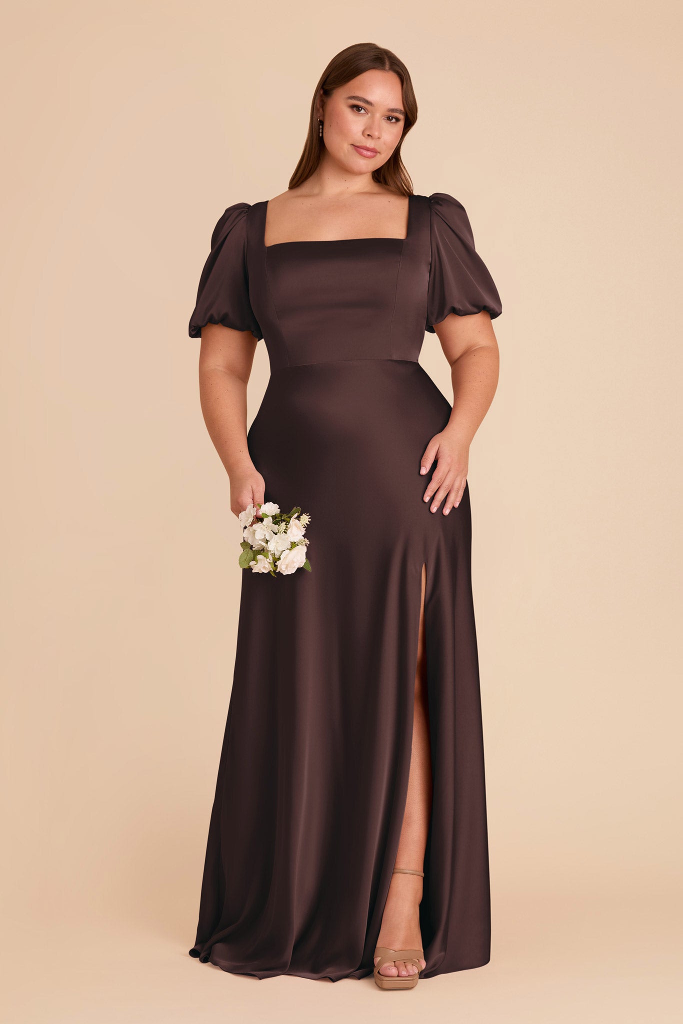 Square Neck Satin Dress with Short Sleeves | Judy Matte