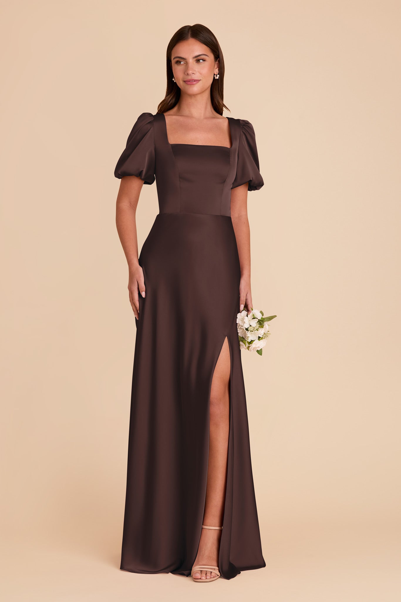 Square Neck Satin Dress with Short Sleeves | Judy Matte
