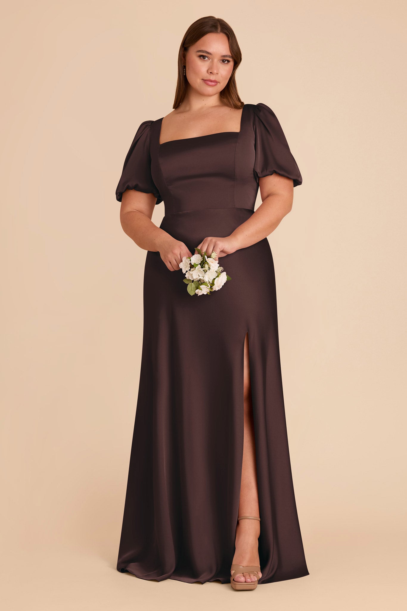 Square Neck Satin Dress with Short Sleeves | Judy Matte