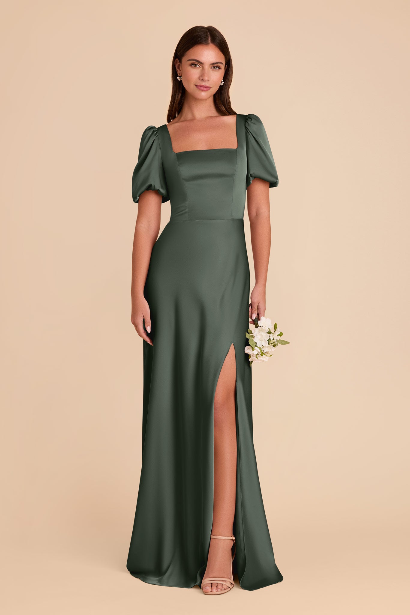 Satin Square Neck Dress with Short Sleeves | Judy Eucalyptus