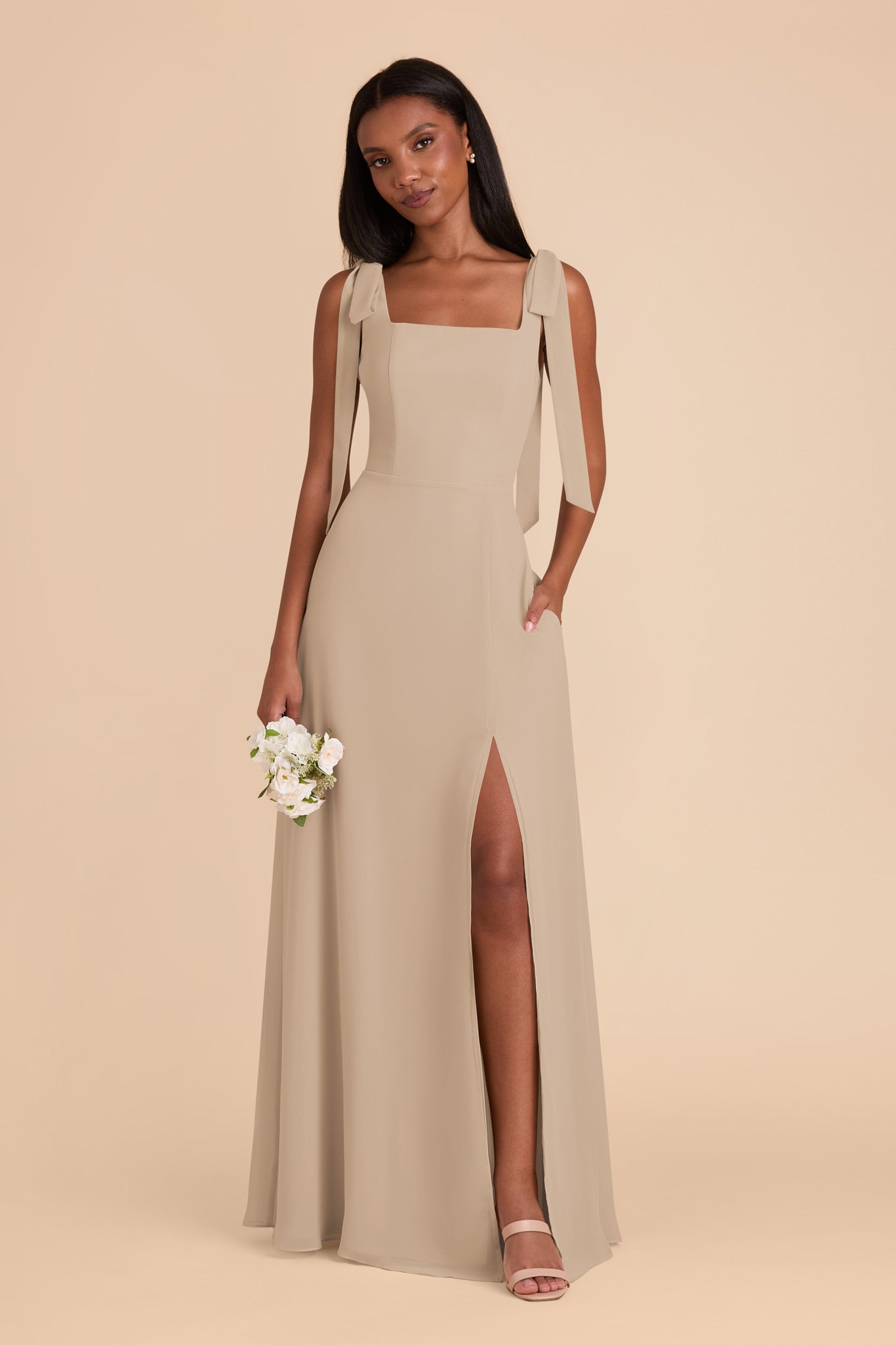 Chiffon Convertible Dress with Bows | Alex - Almond