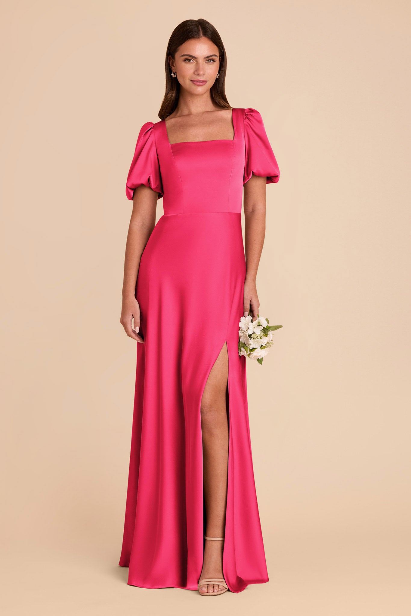 Square Neck Satin Dress with Short Sleeves | Judy Fuchsia