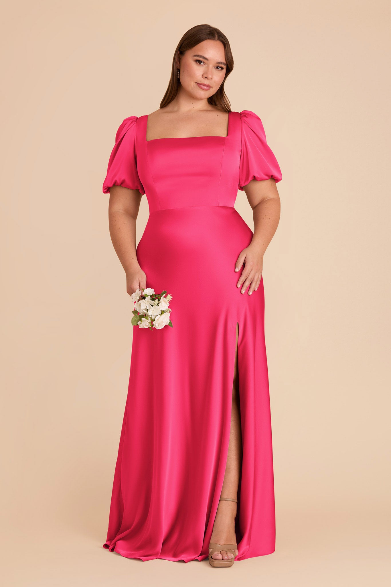 Square Neck Satin Dress with Short Sleeves | Judy Fuchsia