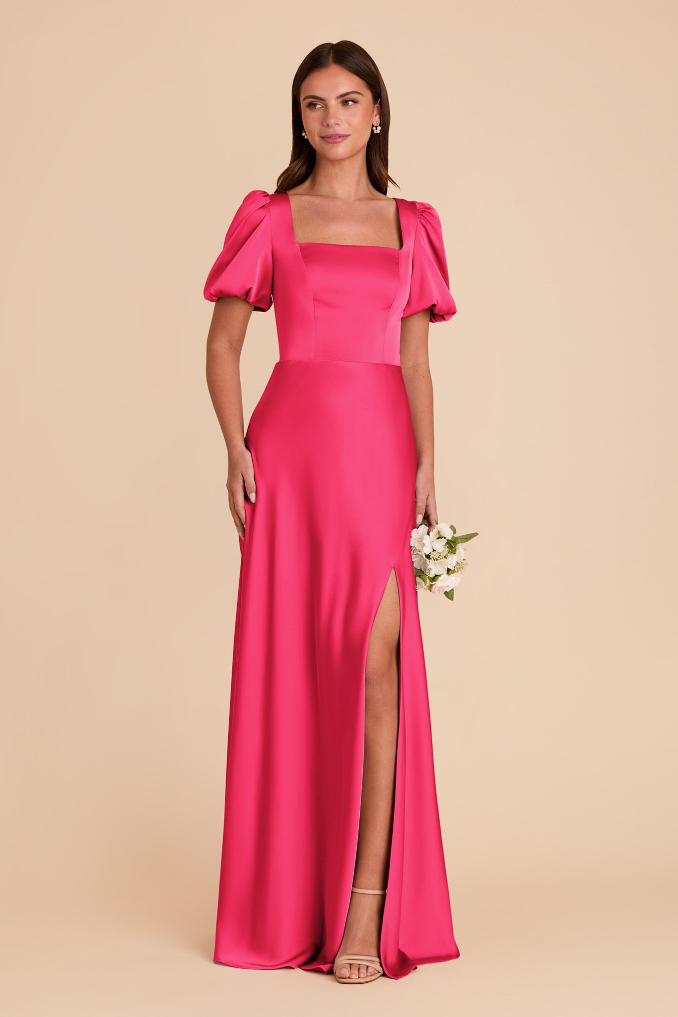 Square Neck Satin Dress with Short Sleeves | Judy Fuchsia