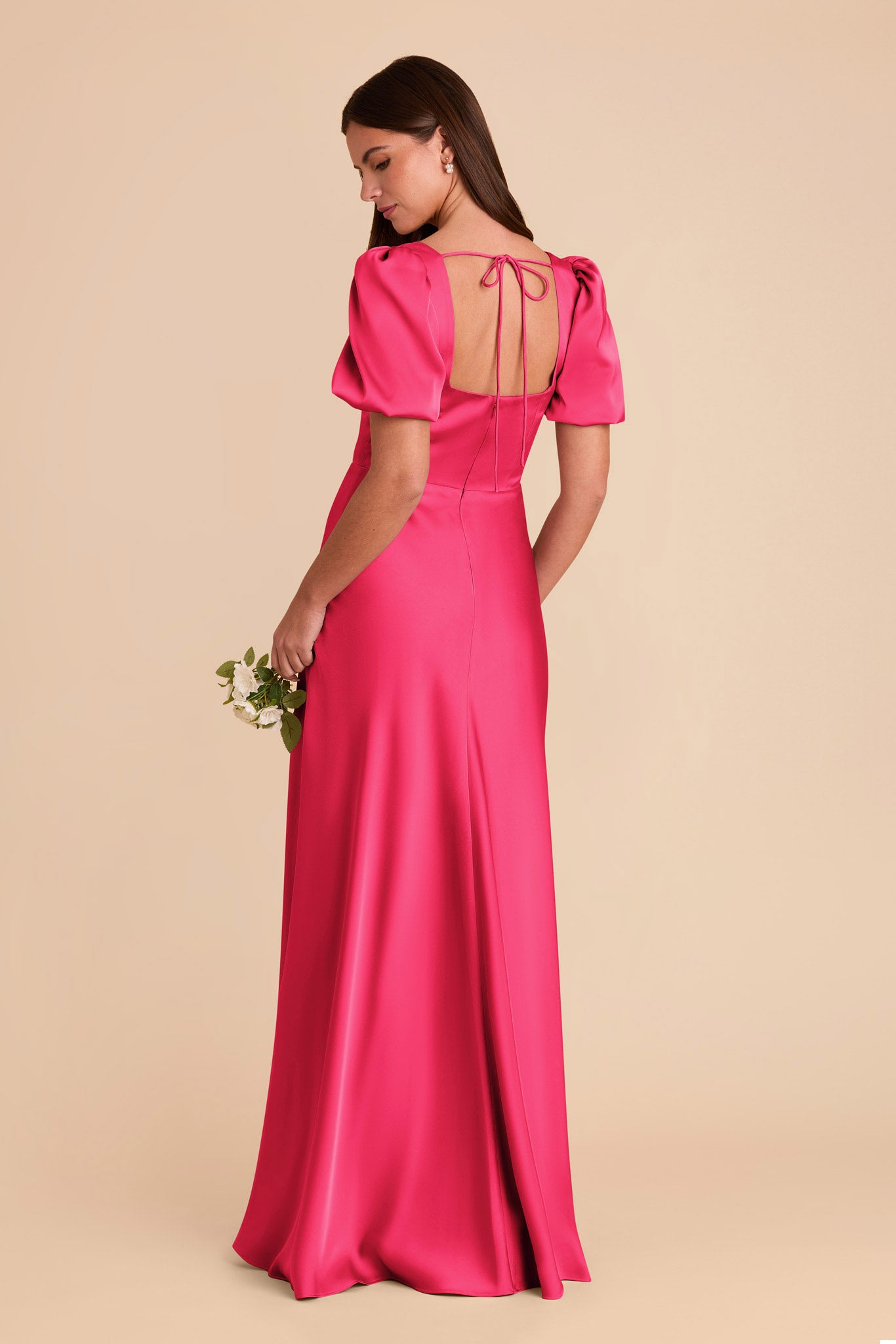 Square Neck Satin Dress with Short Sleeves | Judy Fuchsia