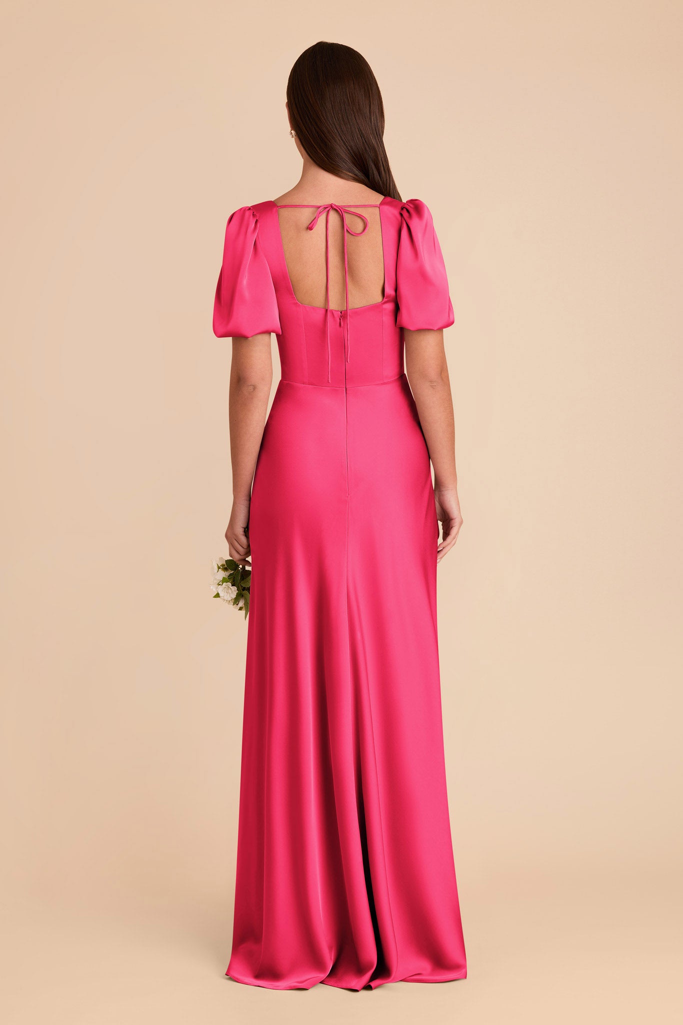 Square Neck Satin Dress with Short Sleeves | Judy Fuchsia