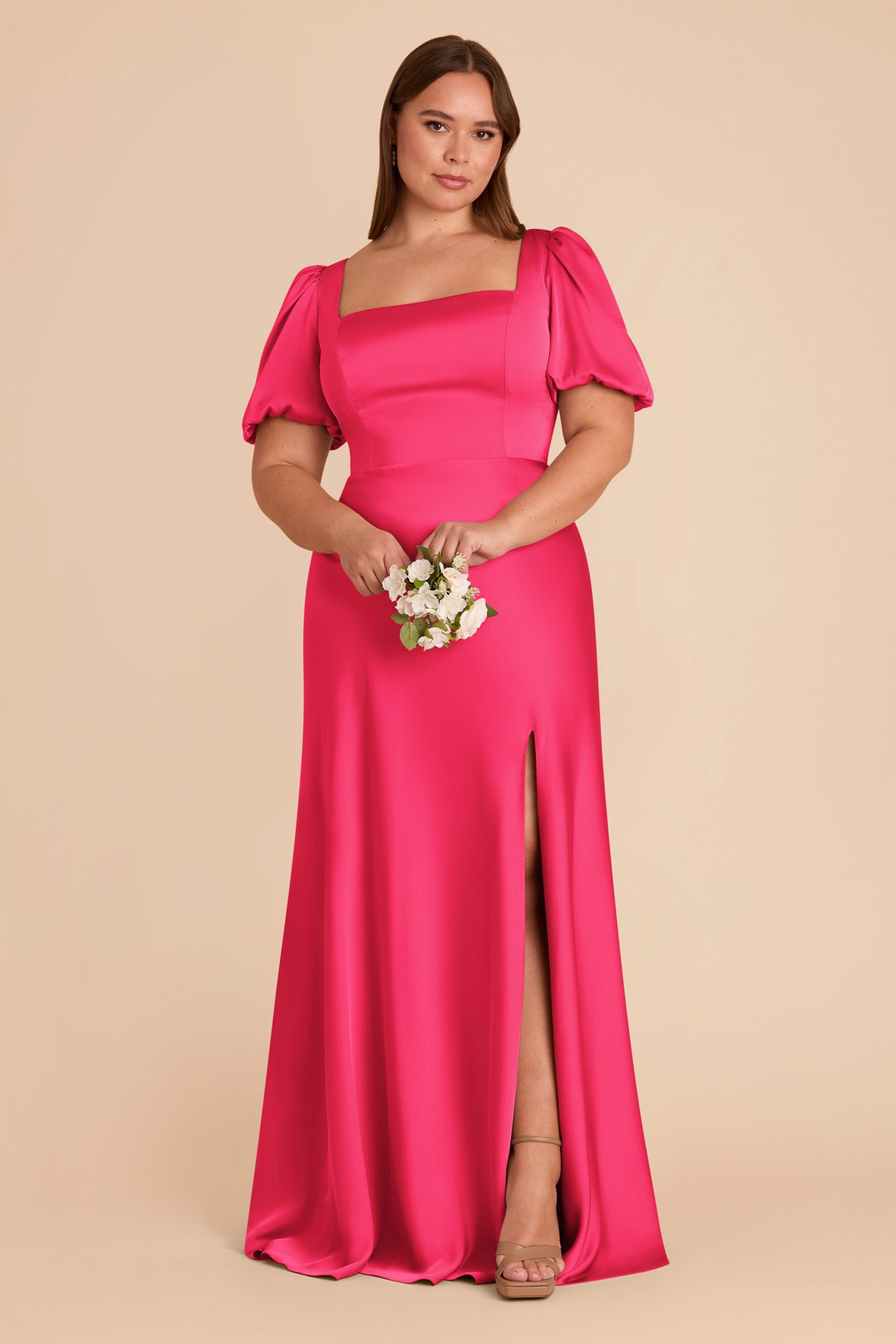 Square Neck Satin Dress with Short Sleeves | Judy Fuchsia