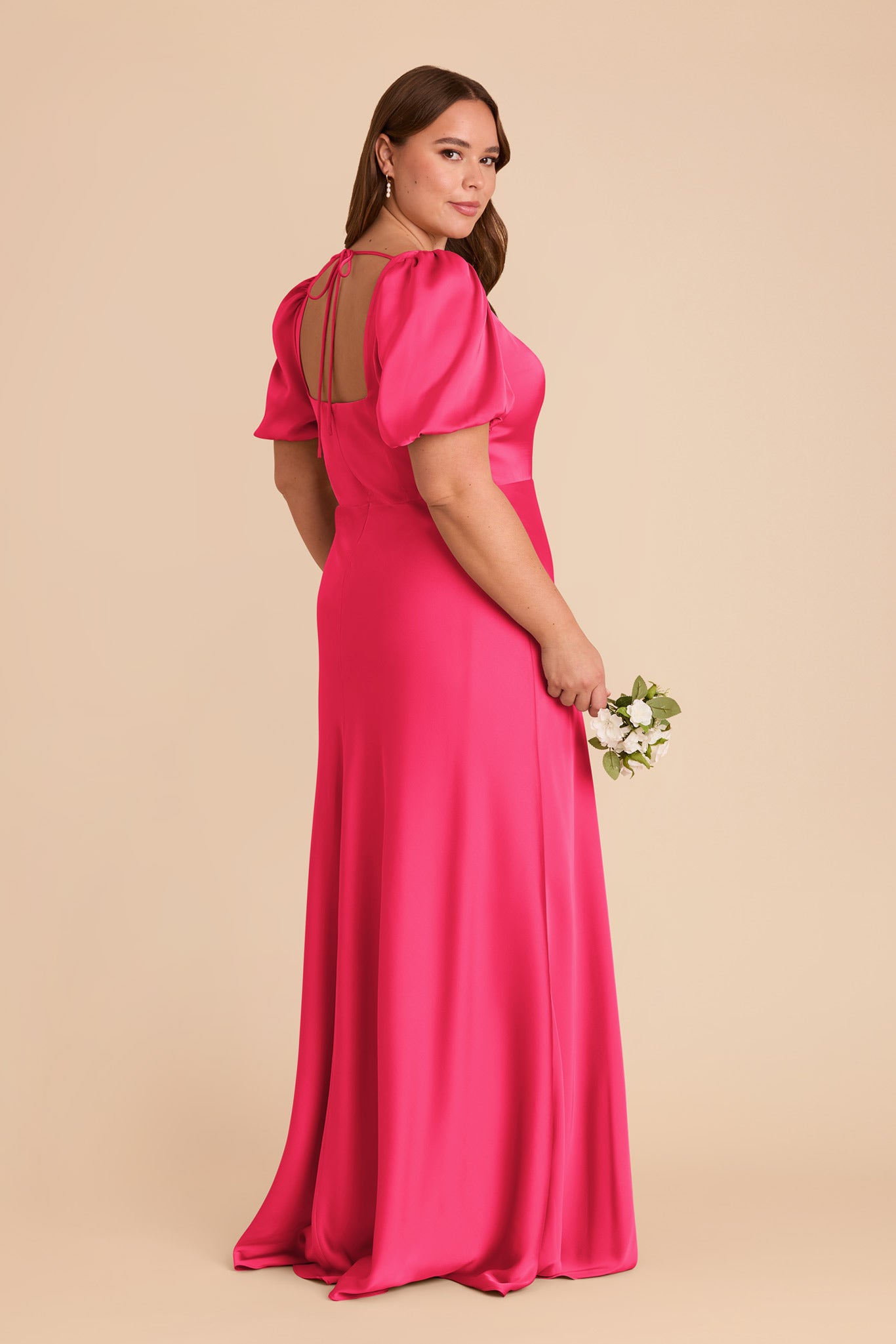 Square Neck Satin Dress with Short Sleeves | Judy Fuchsia