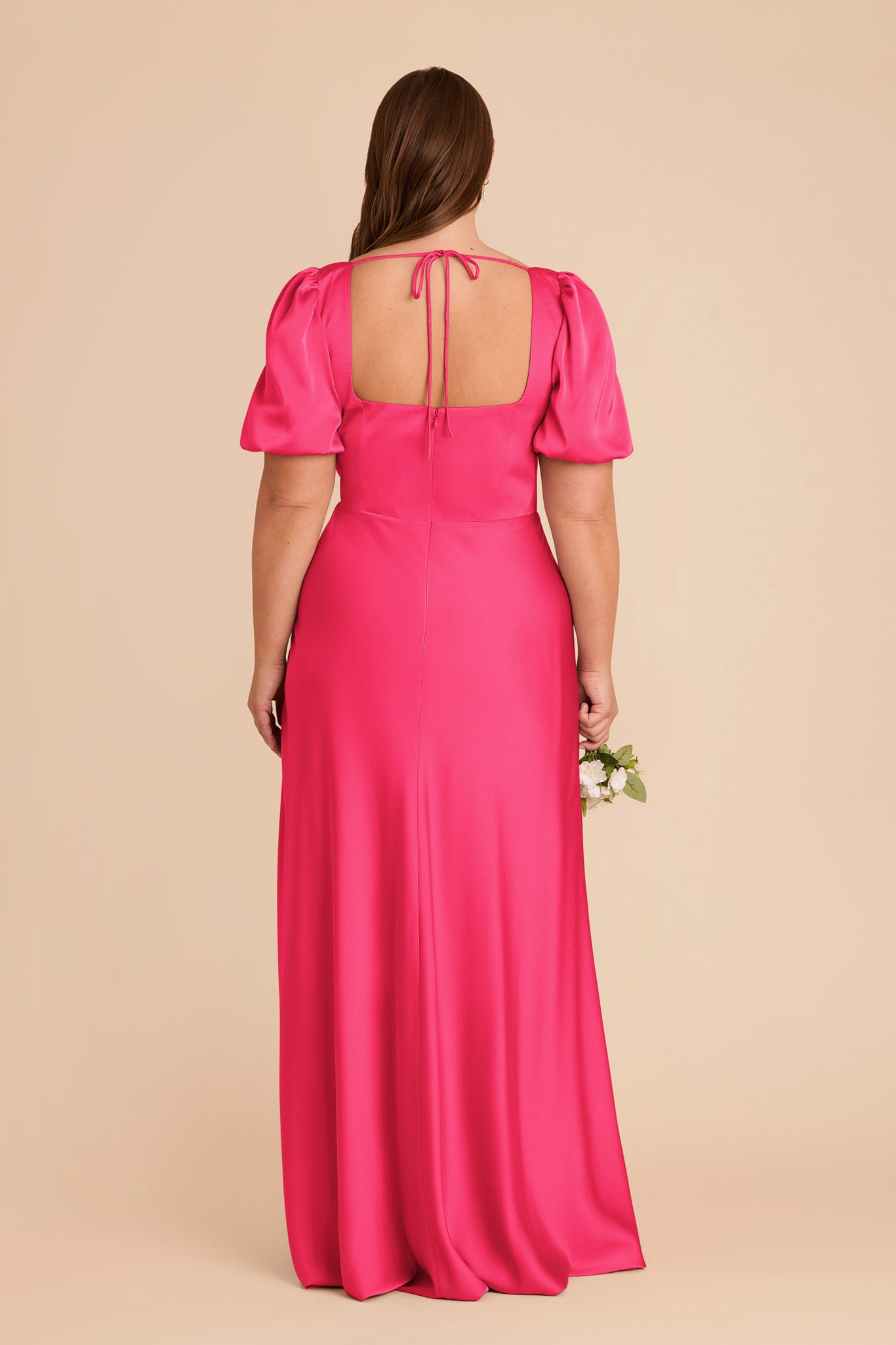 Square Neck Satin Dress with Short Sleeves | Judy Fuchsia