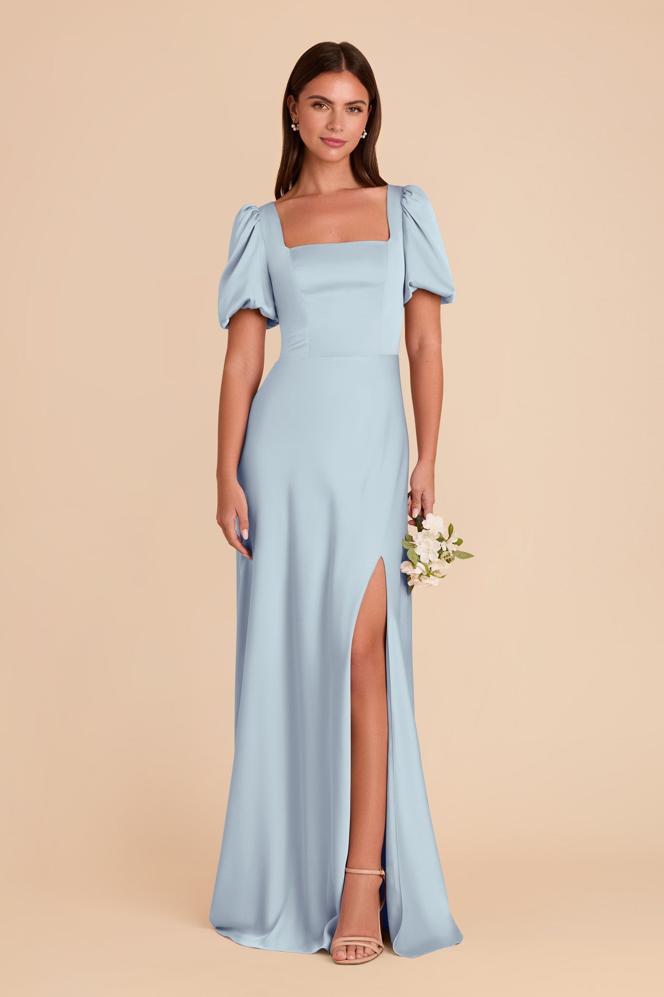 Matte Satin Dress with Square Neckline | Judy Mist Blue