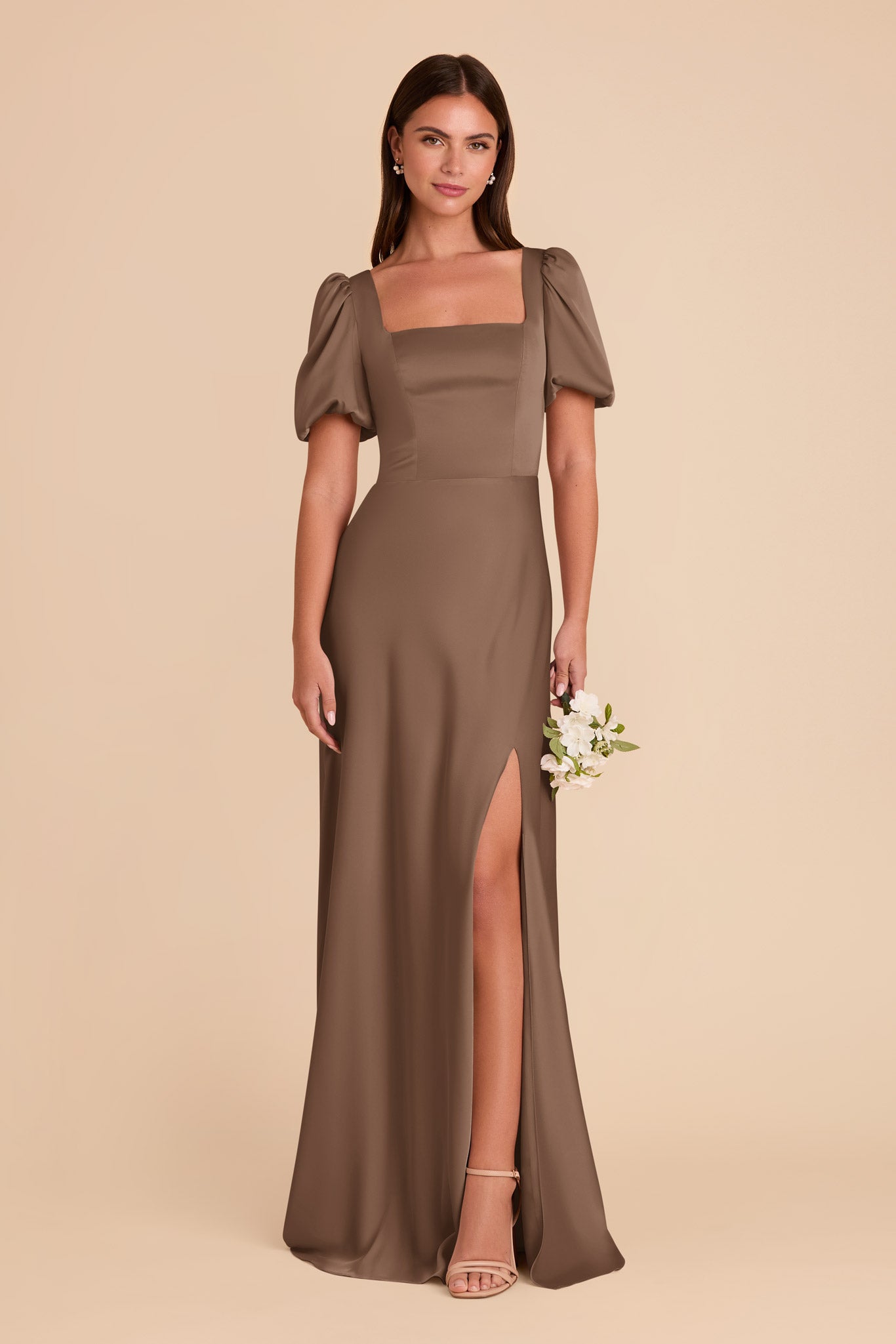 Matte Satin Square Neck Dress | Judy Mocha