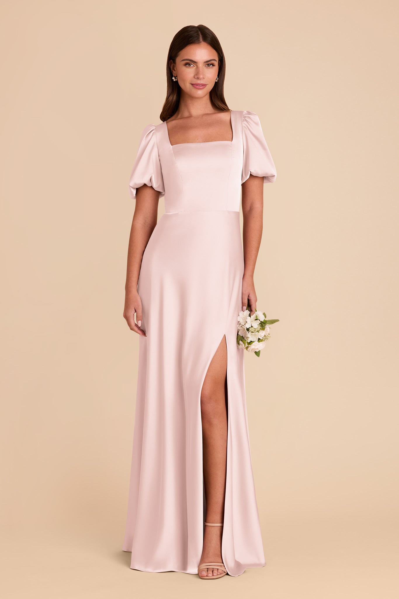 Matte Satin Dress with Square Neckline & Short Sleeves | Judy