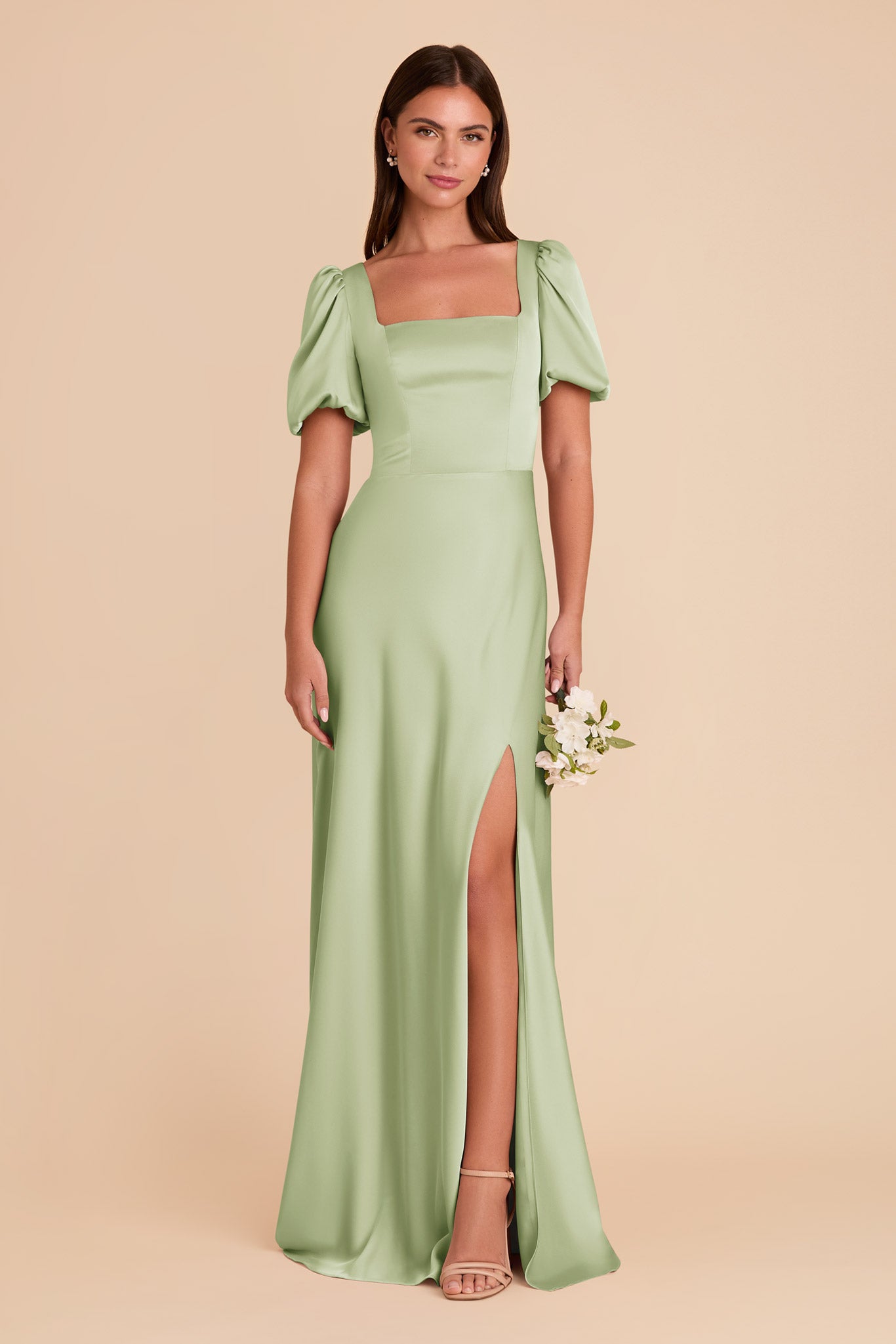 Square Neck Satin Dress with Short Sleeves | Judy Matte