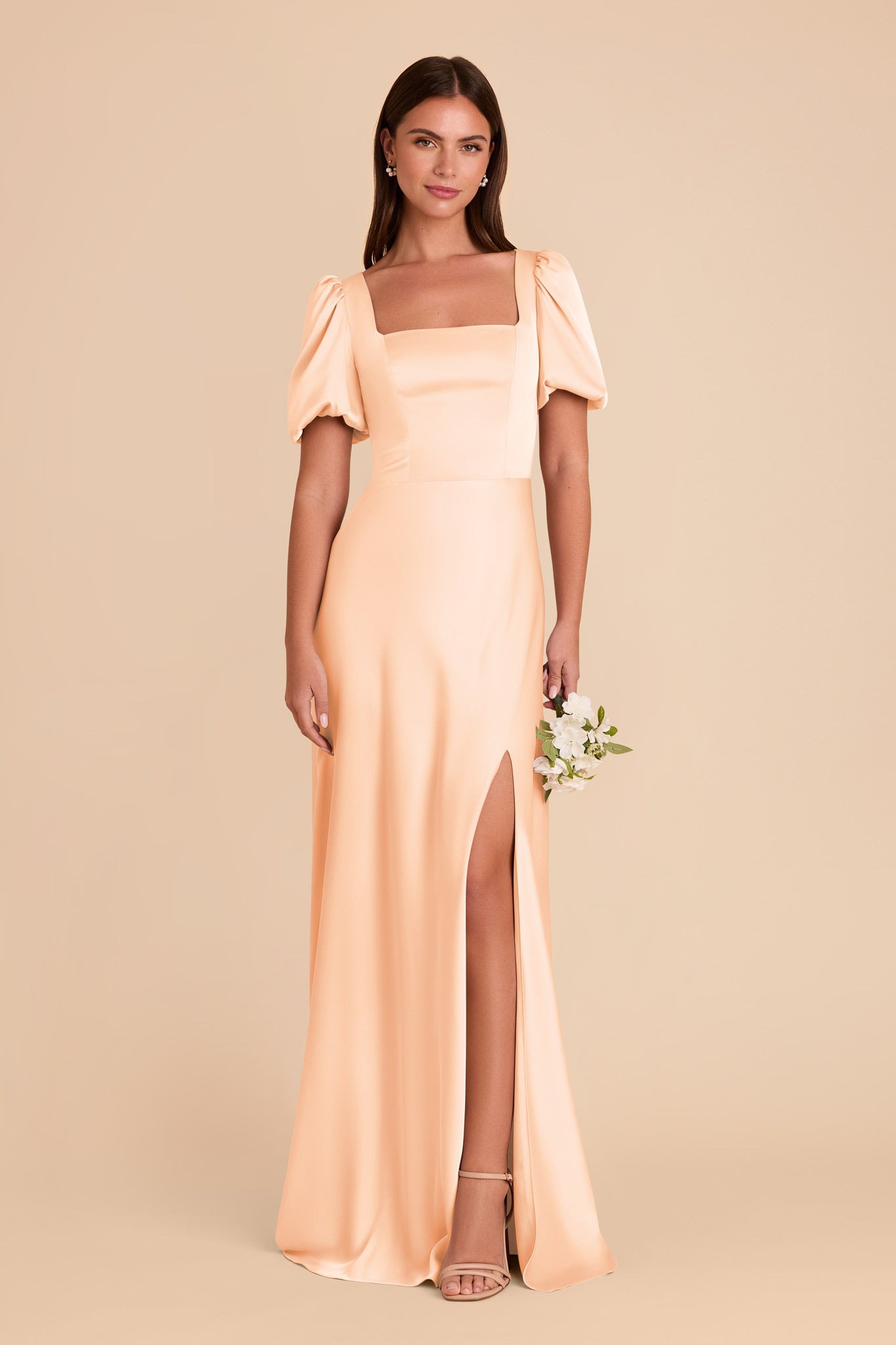 Square Neck Satin Dress with Short Sleeves | Judy Peach Cream