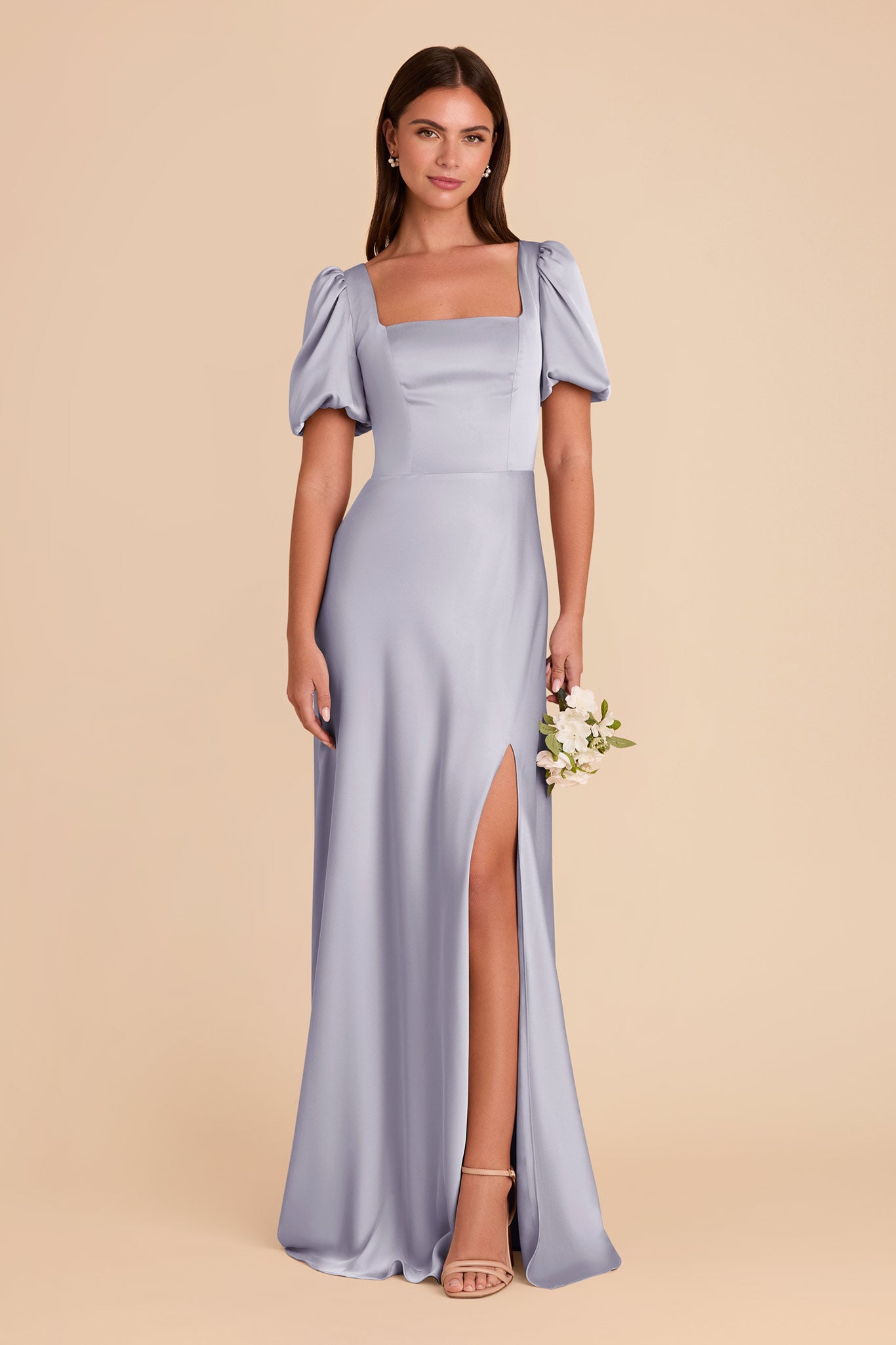 Matte Satin Dress with Square Neckline & Short Sleeves | Judy