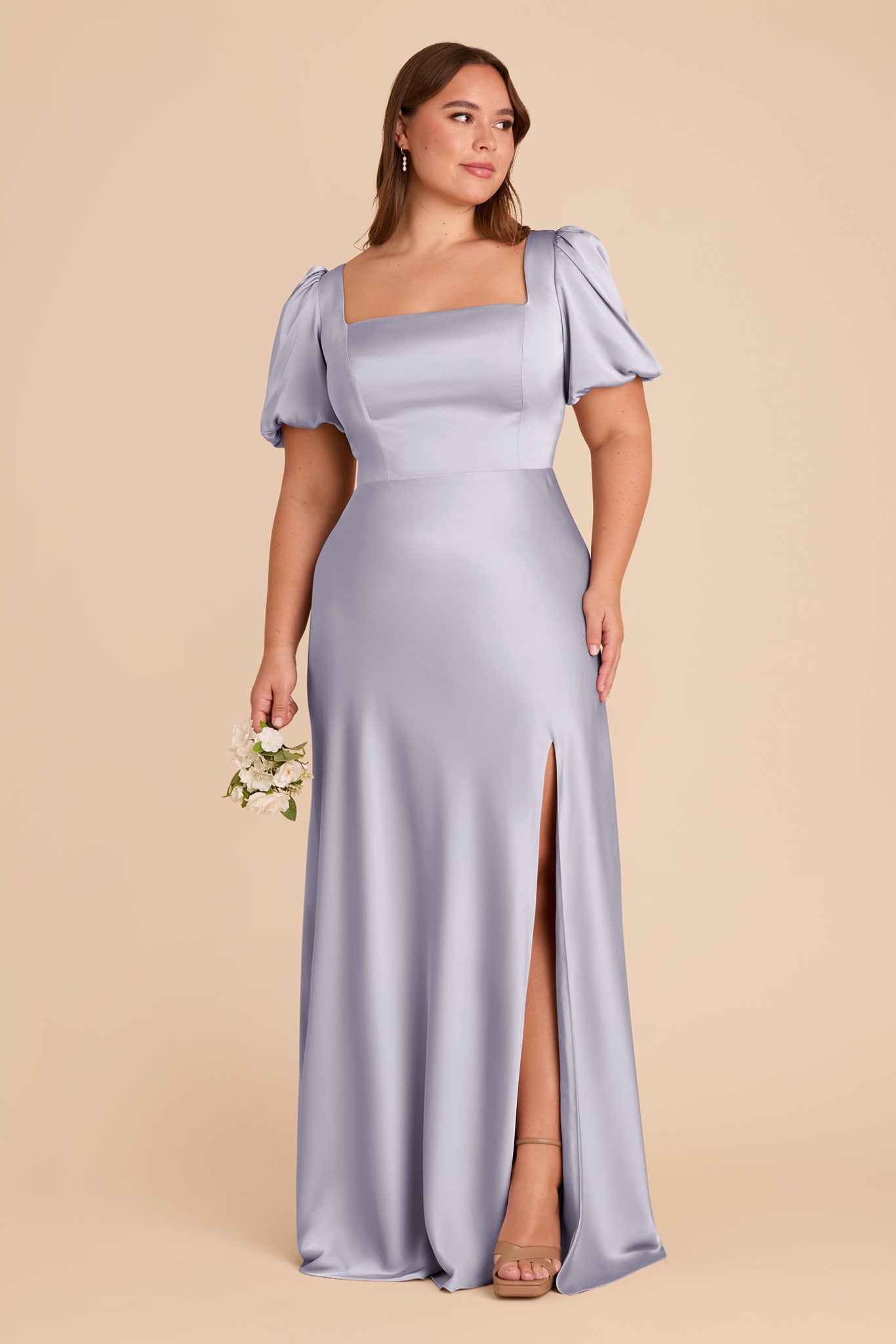 Matte Satin Dress with Square Neckline & Short Sleeves | Judy