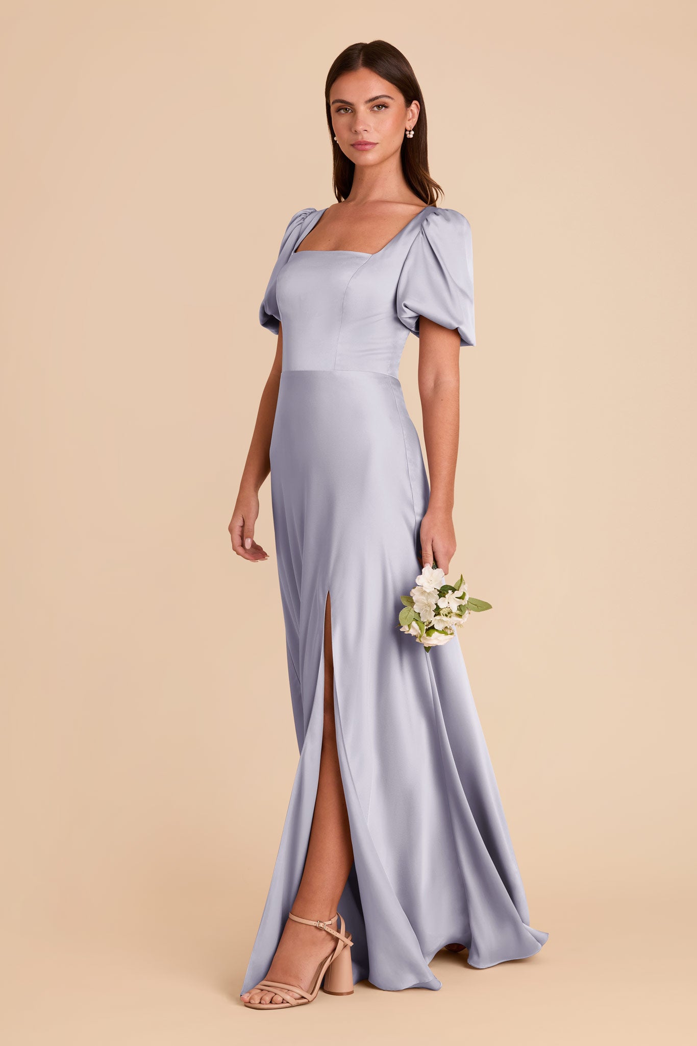 Matte Satin Dress with Square Neckline & Short Sleeves | Judy