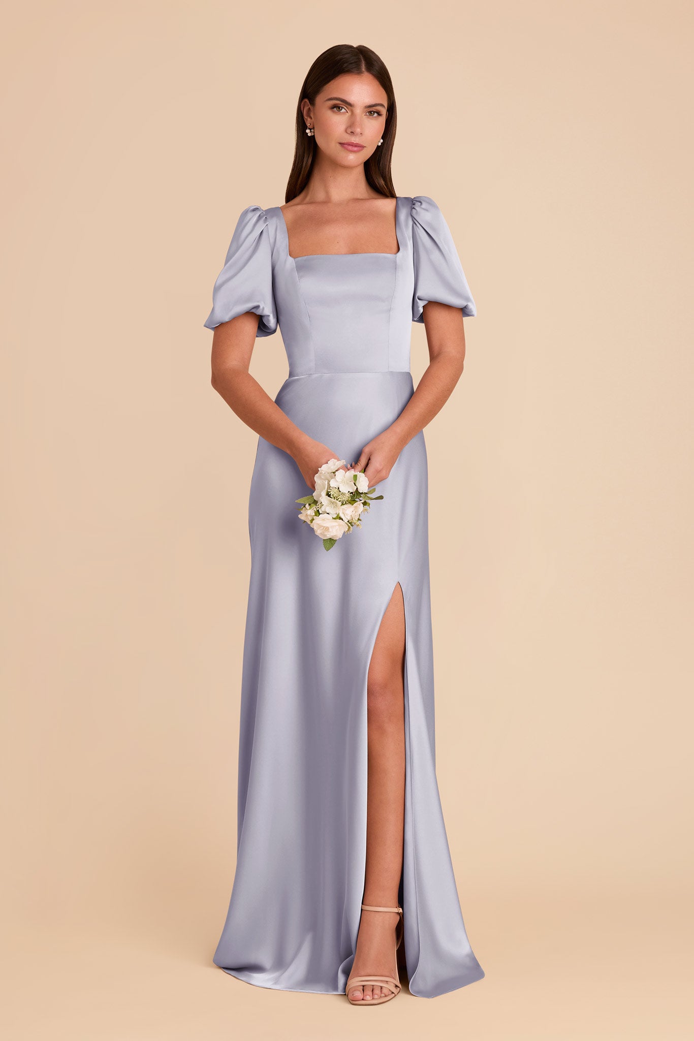 Matte Satin Dress with Square Neckline & Short Sleeves | Judy