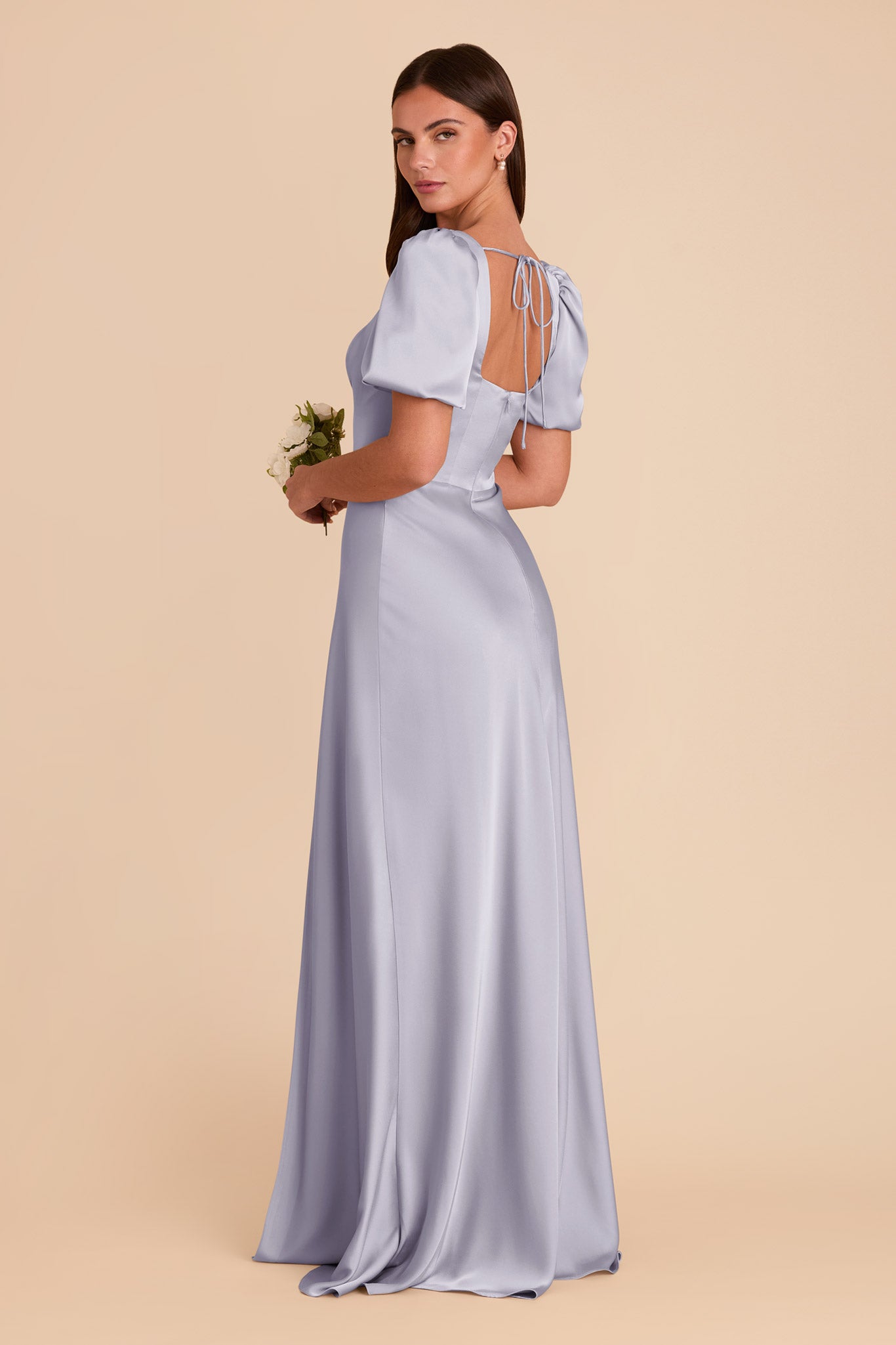 Matte Satin Dress with Square Neckline & Short Sleeves | Judy
