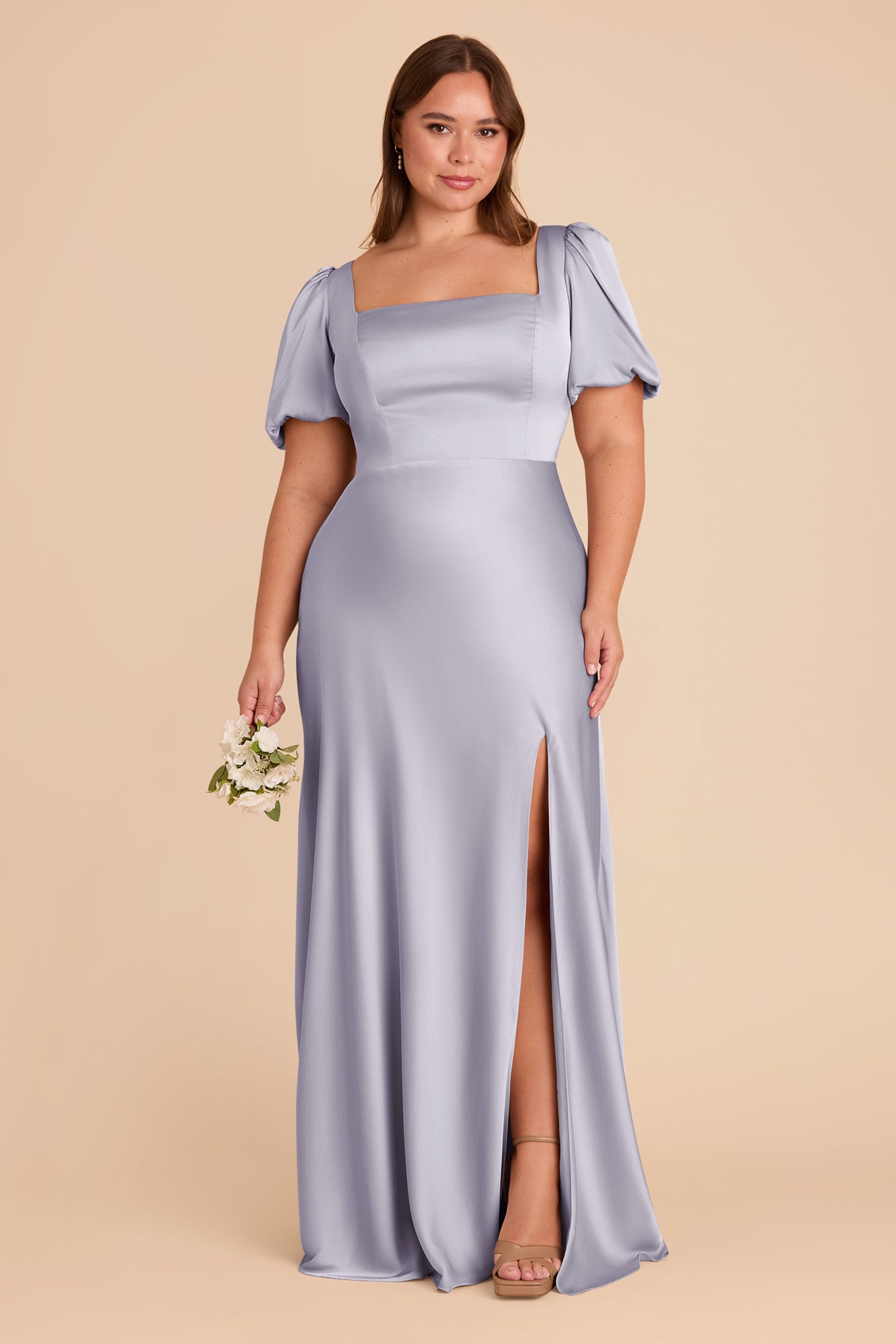 Matte Satin Dress with Square Neckline & Short Sleeves | Judy