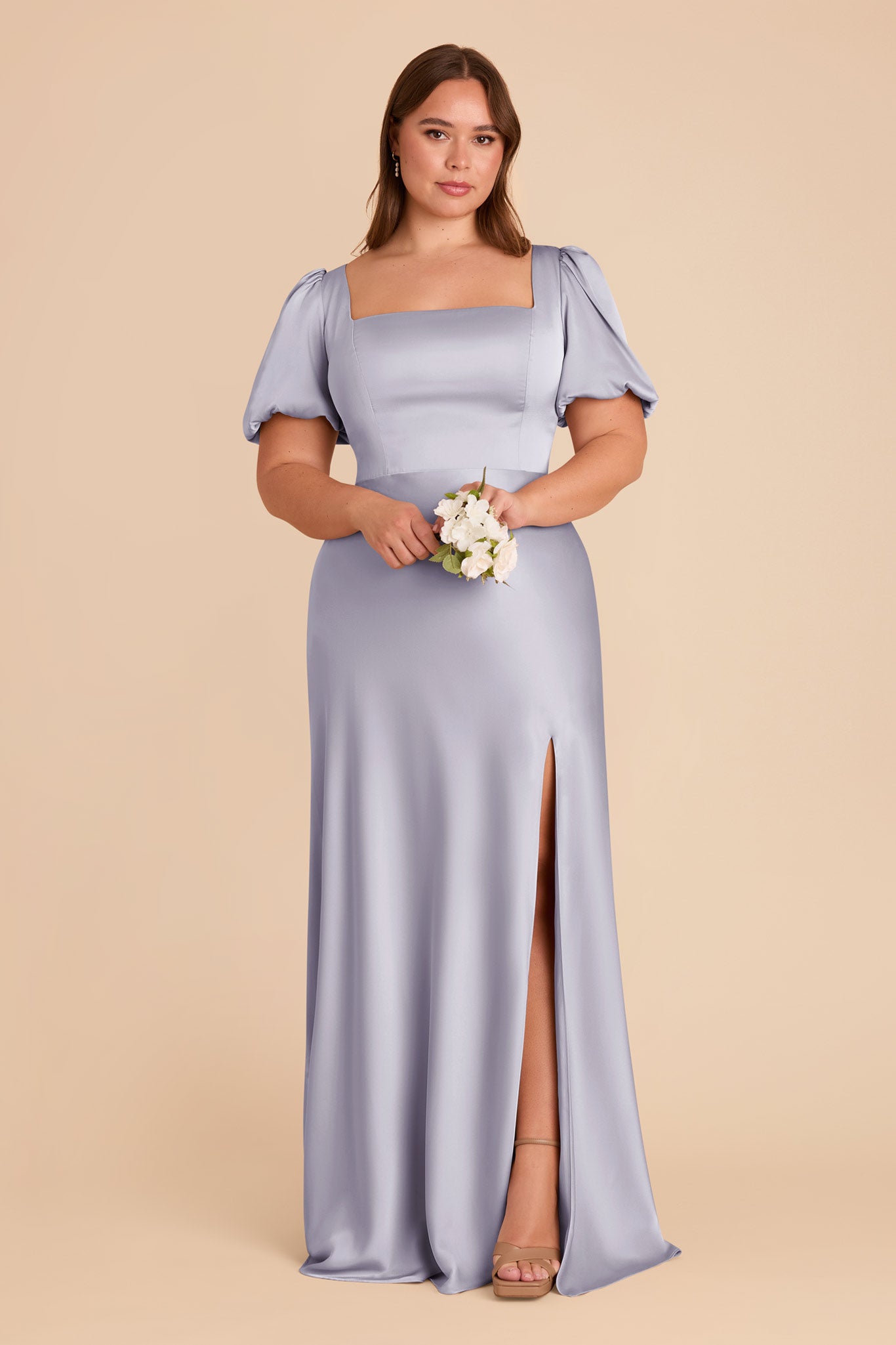 Matte Satin Dress with Square Neckline & Short Sleeves | Judy