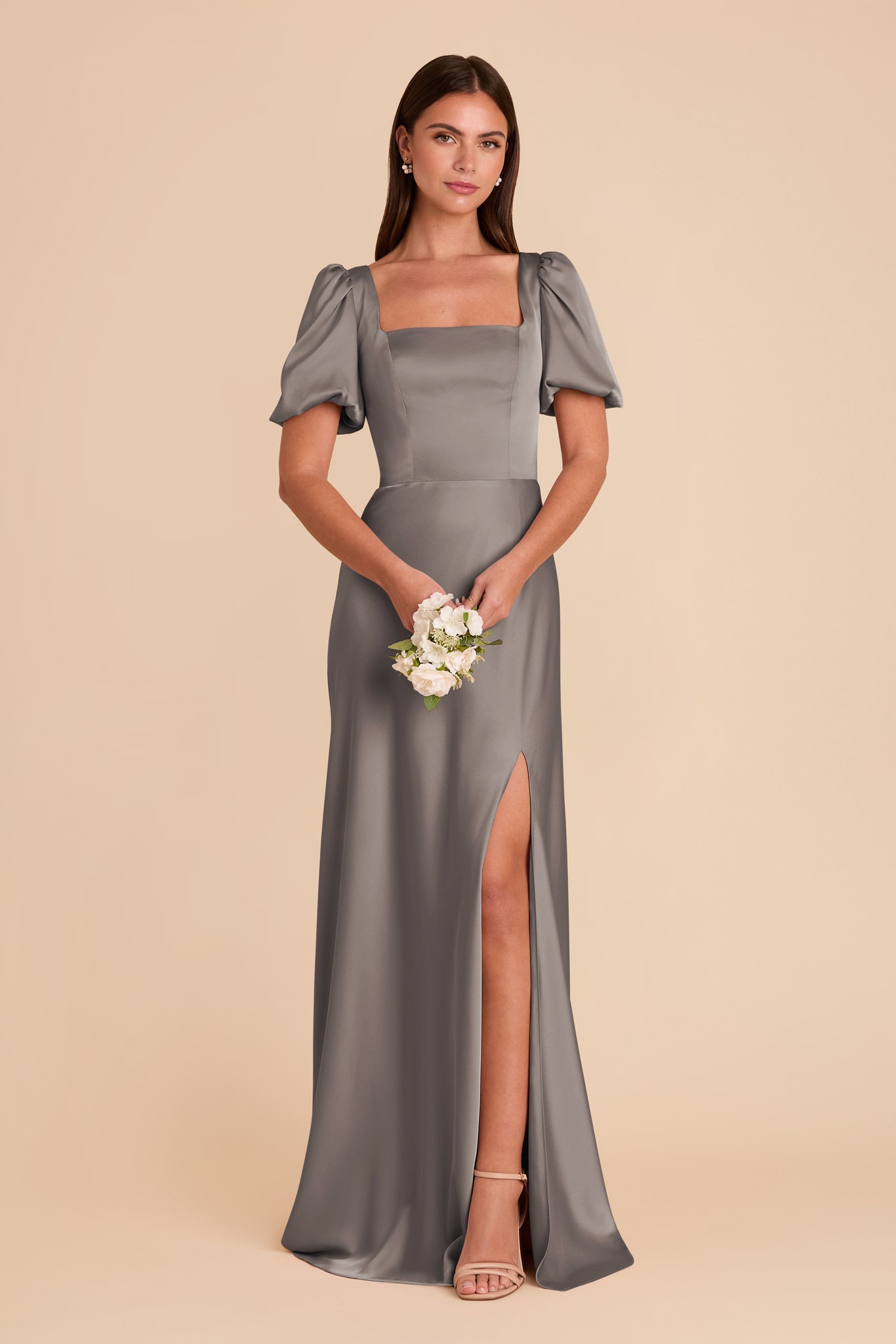 Matte Satin Dress with Square Neckline & Short Sleeves | Judy Quartz