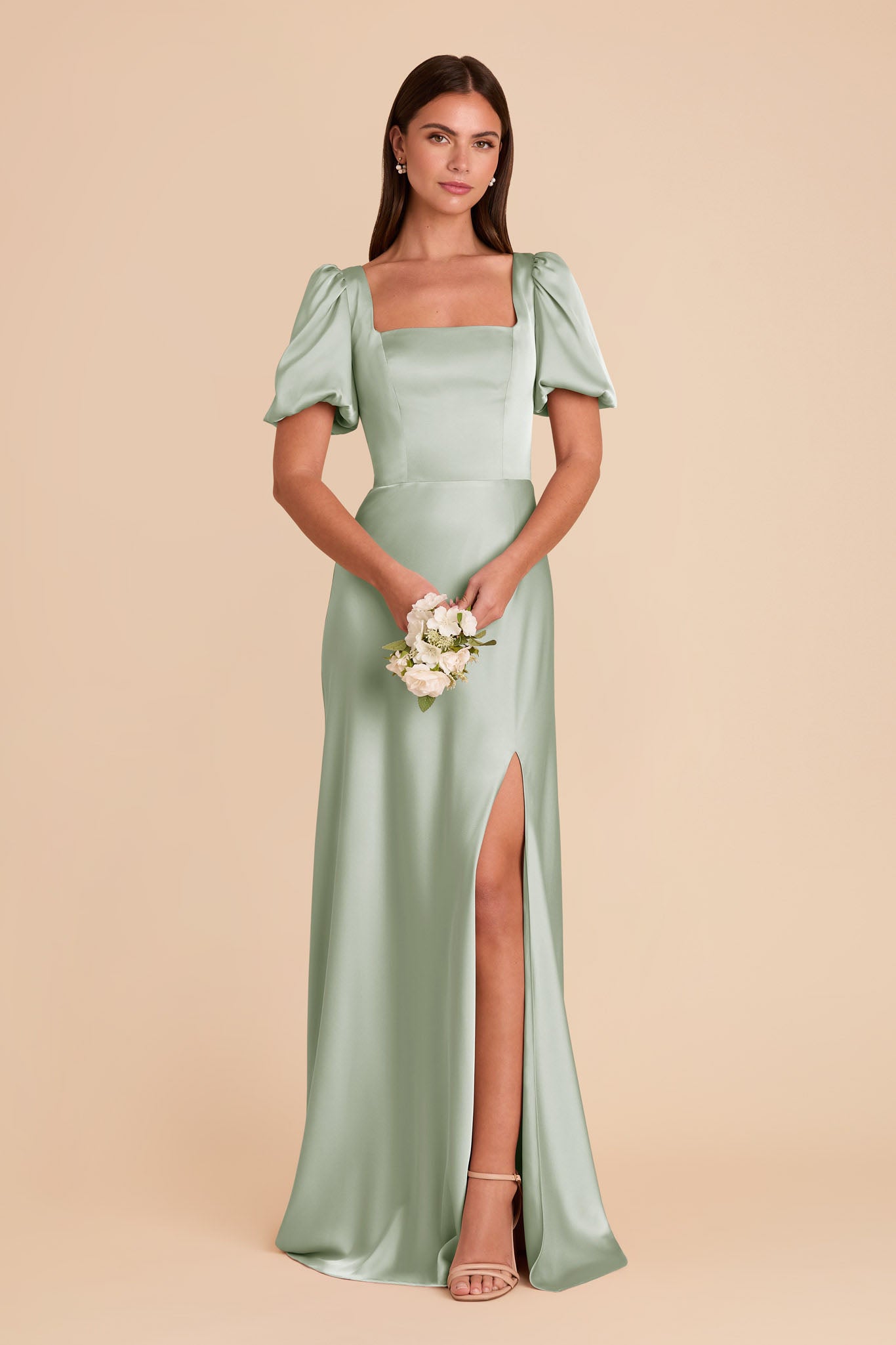 Satin Square Neck Dress with Short Sleeves | Judy Sage