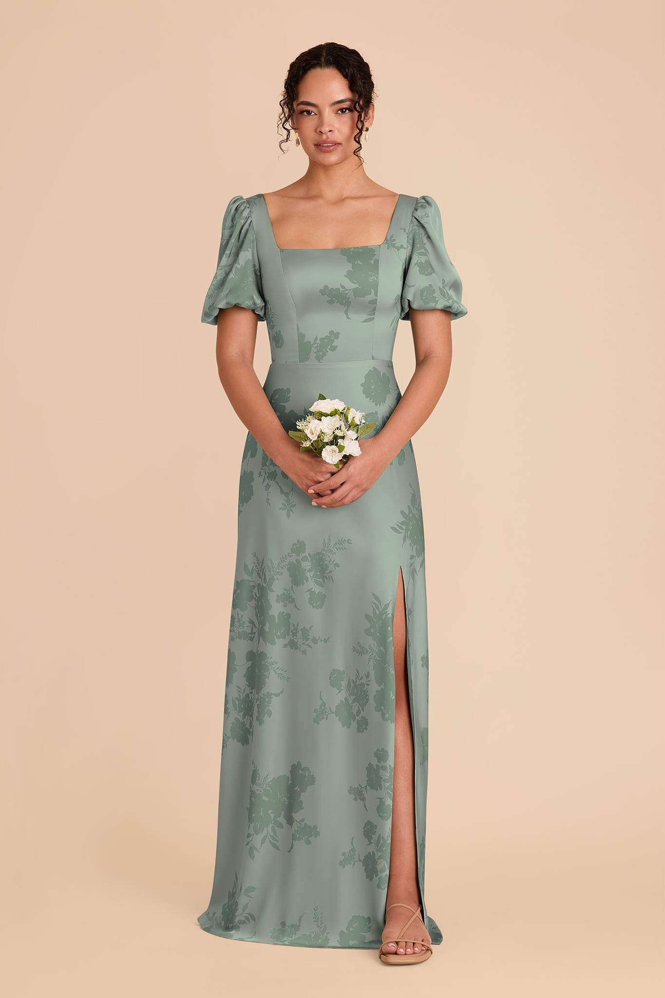 Sage Green Satin Dress with Whimsical Blooms | Judy Matte