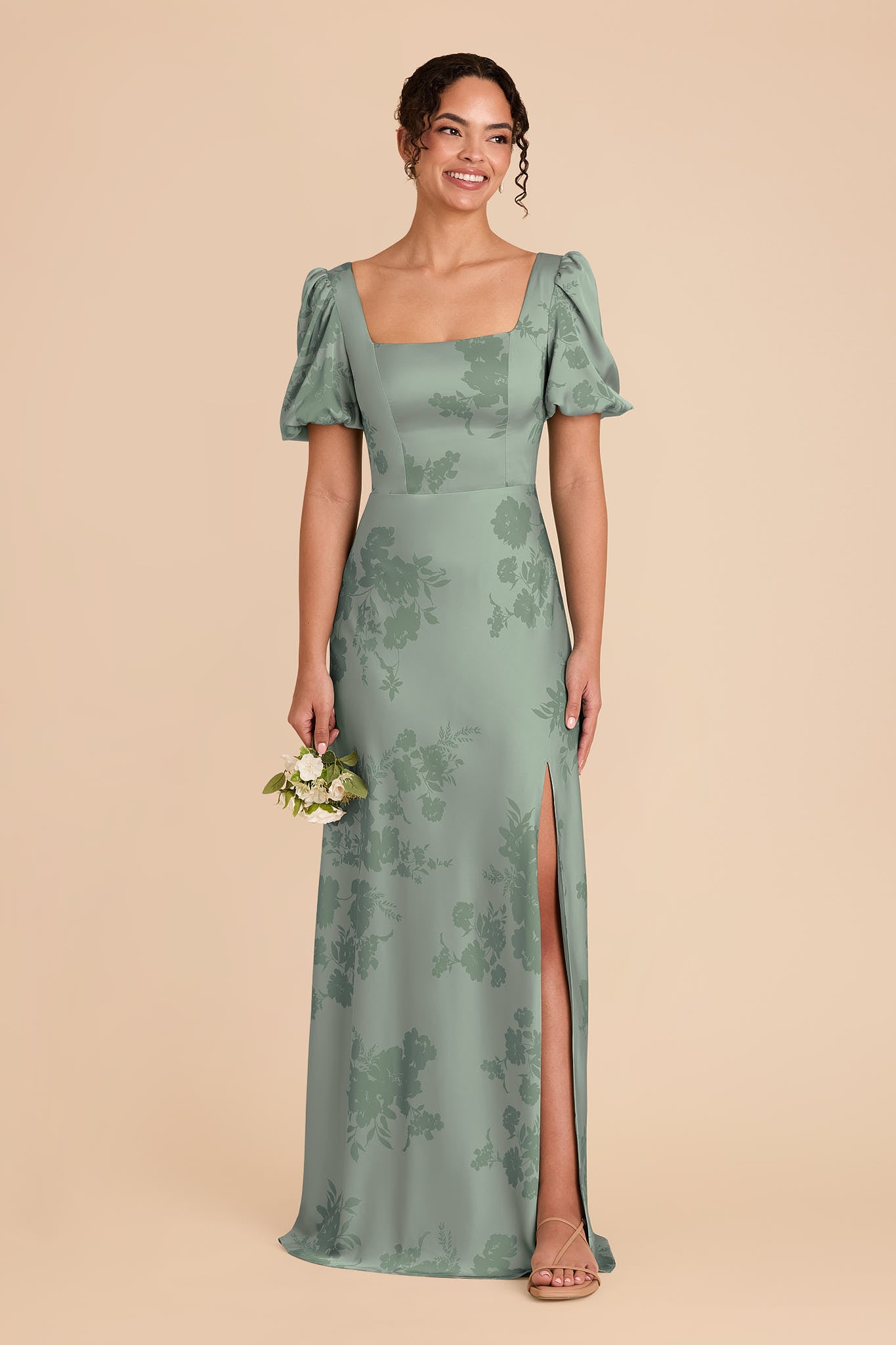 Sage Green Satin Dress with Whimsical Blooms | Judy Matte