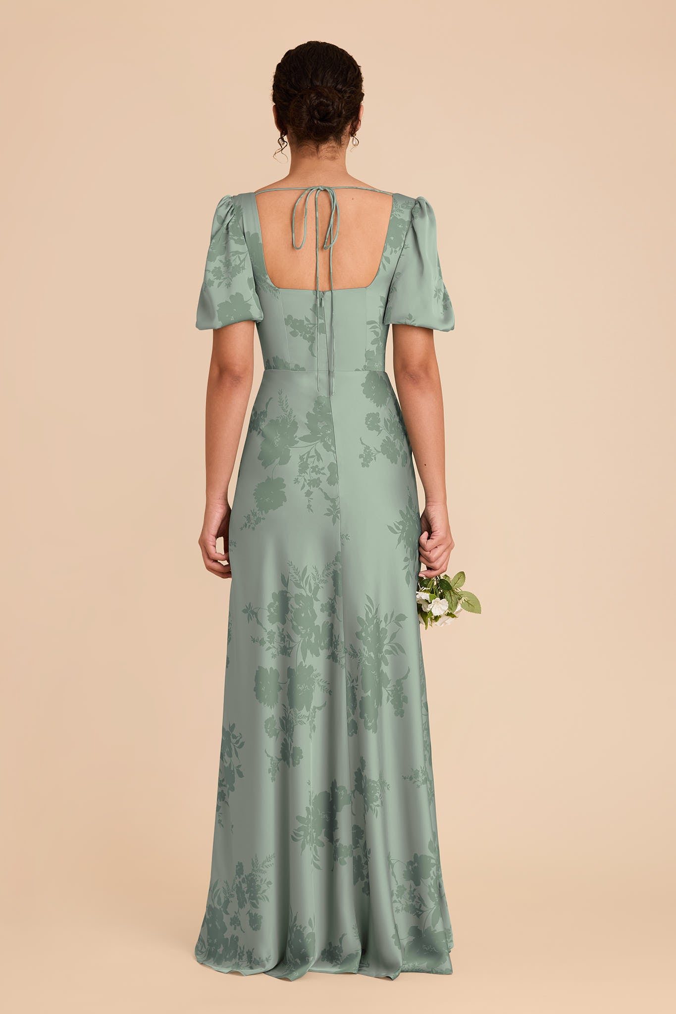 Sage Green Satin Dress with Whimsical Blooms | Judy Matte