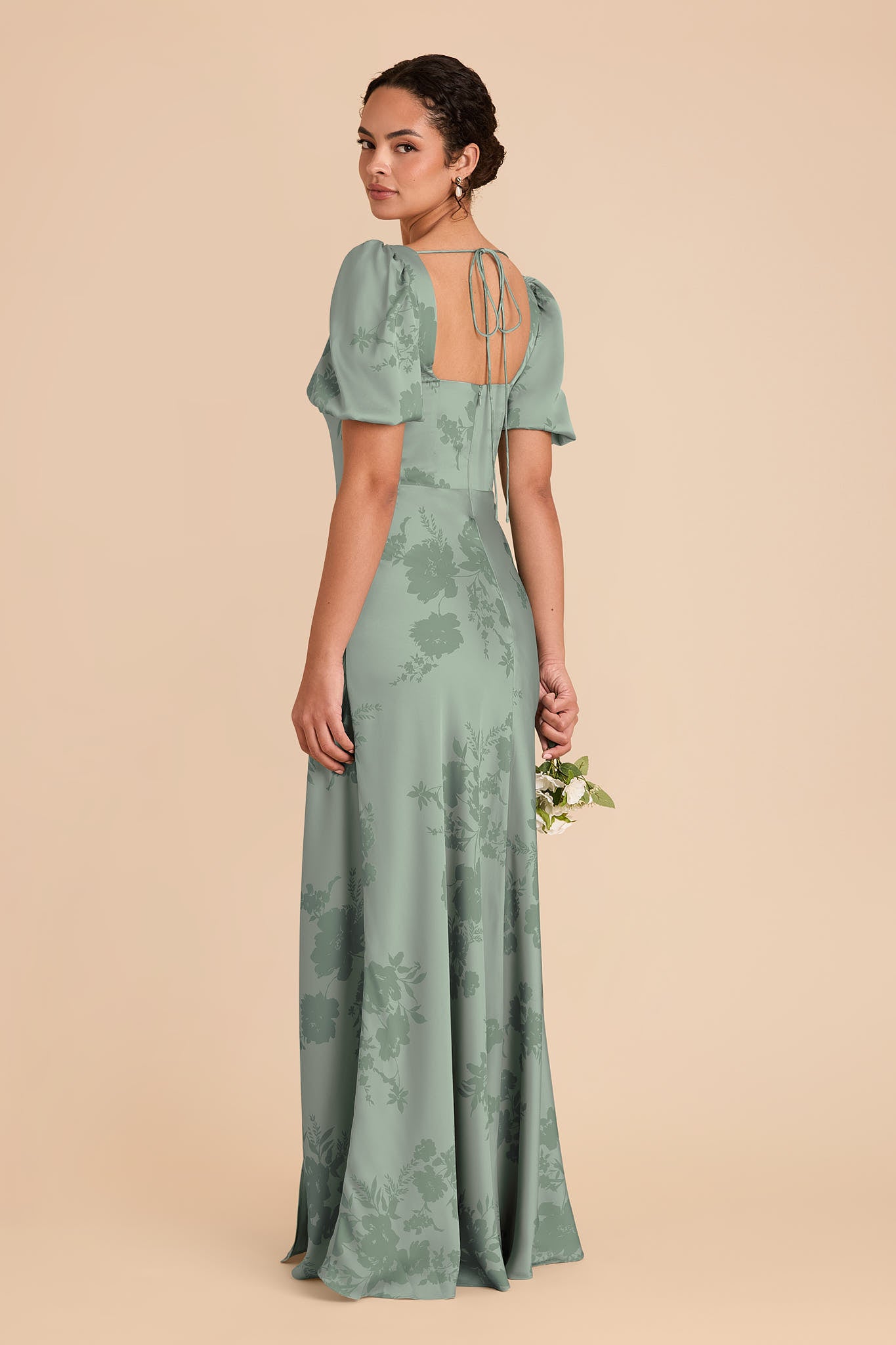 Sage Green Satin Dress with Whimsical Blooms | Judy Matte