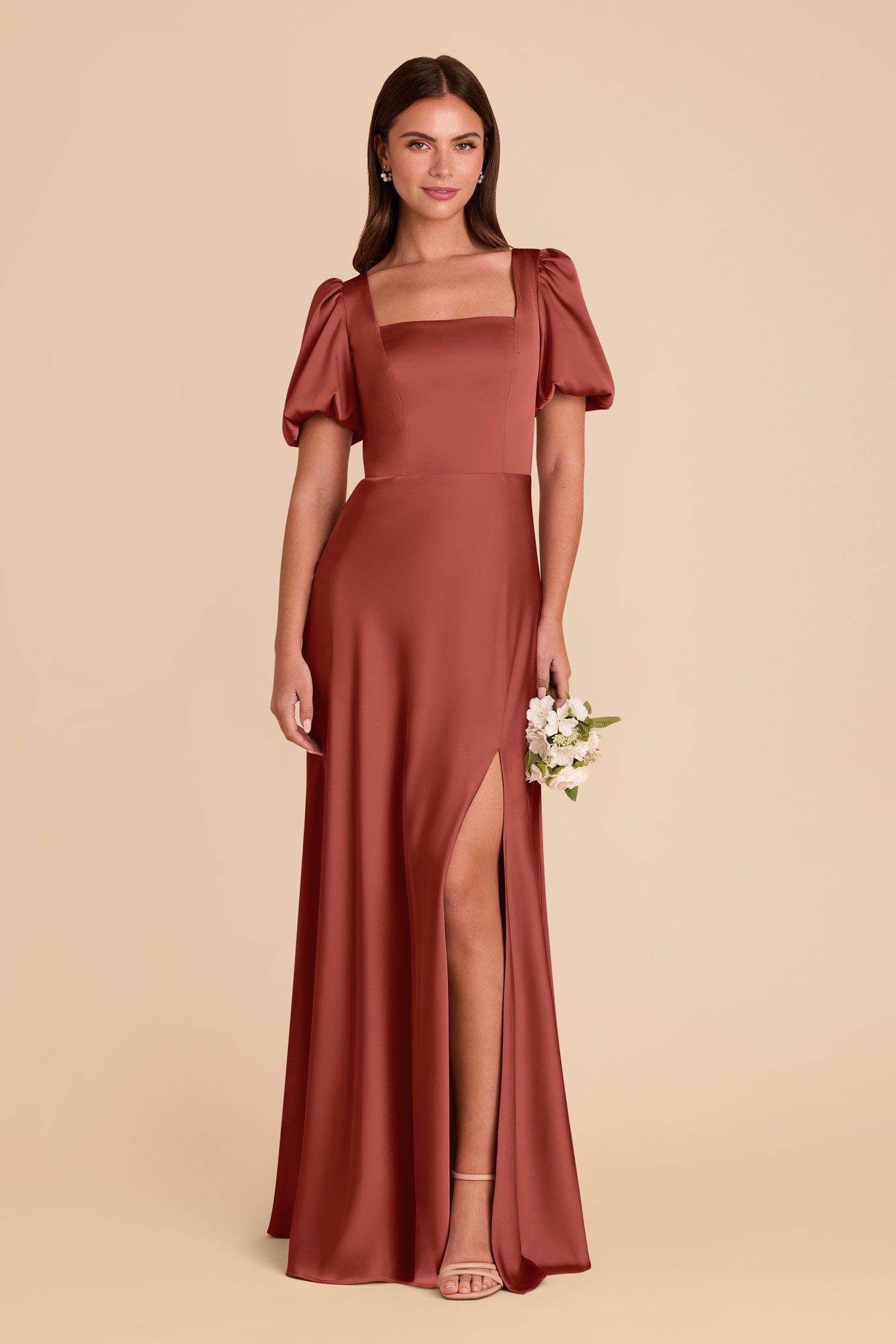 Matte Satin Square Neck Dress with Short Sleeves | Judy