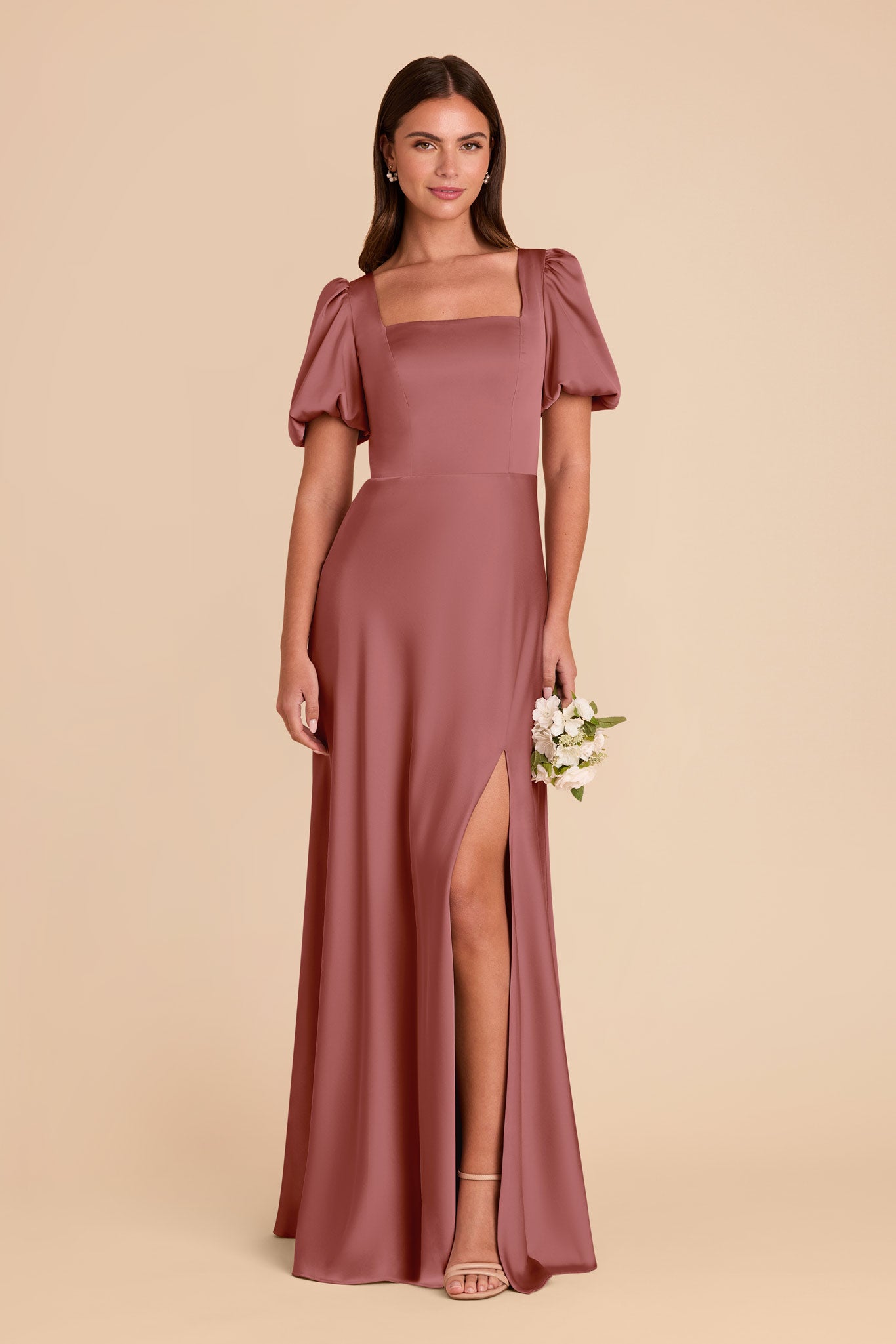 Matte Satin Dress with Square Neckline & Short Sleeves | Judy Wild Rose