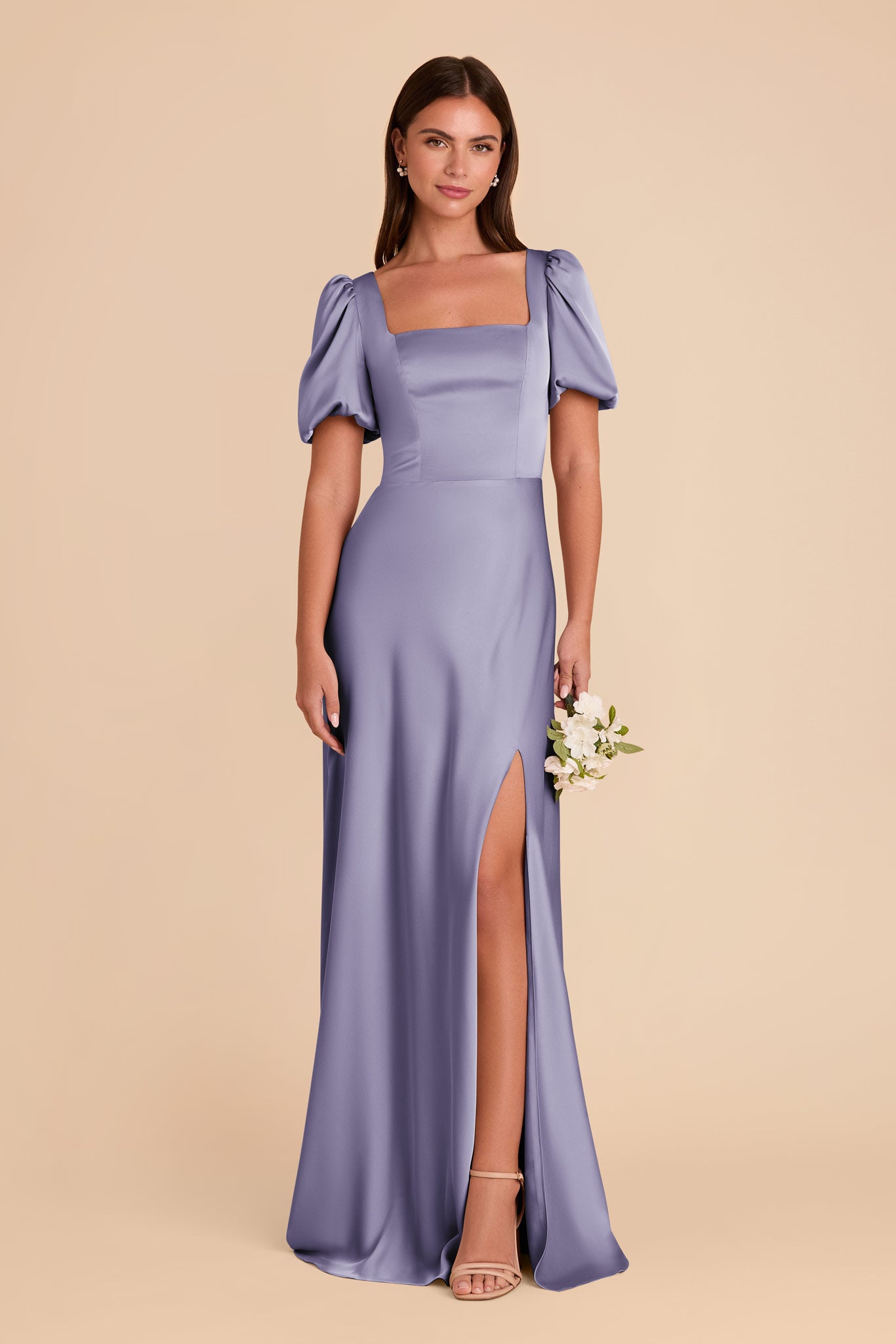 Matte Satin Dress with Square Neckline & Short Sleeves | Judy