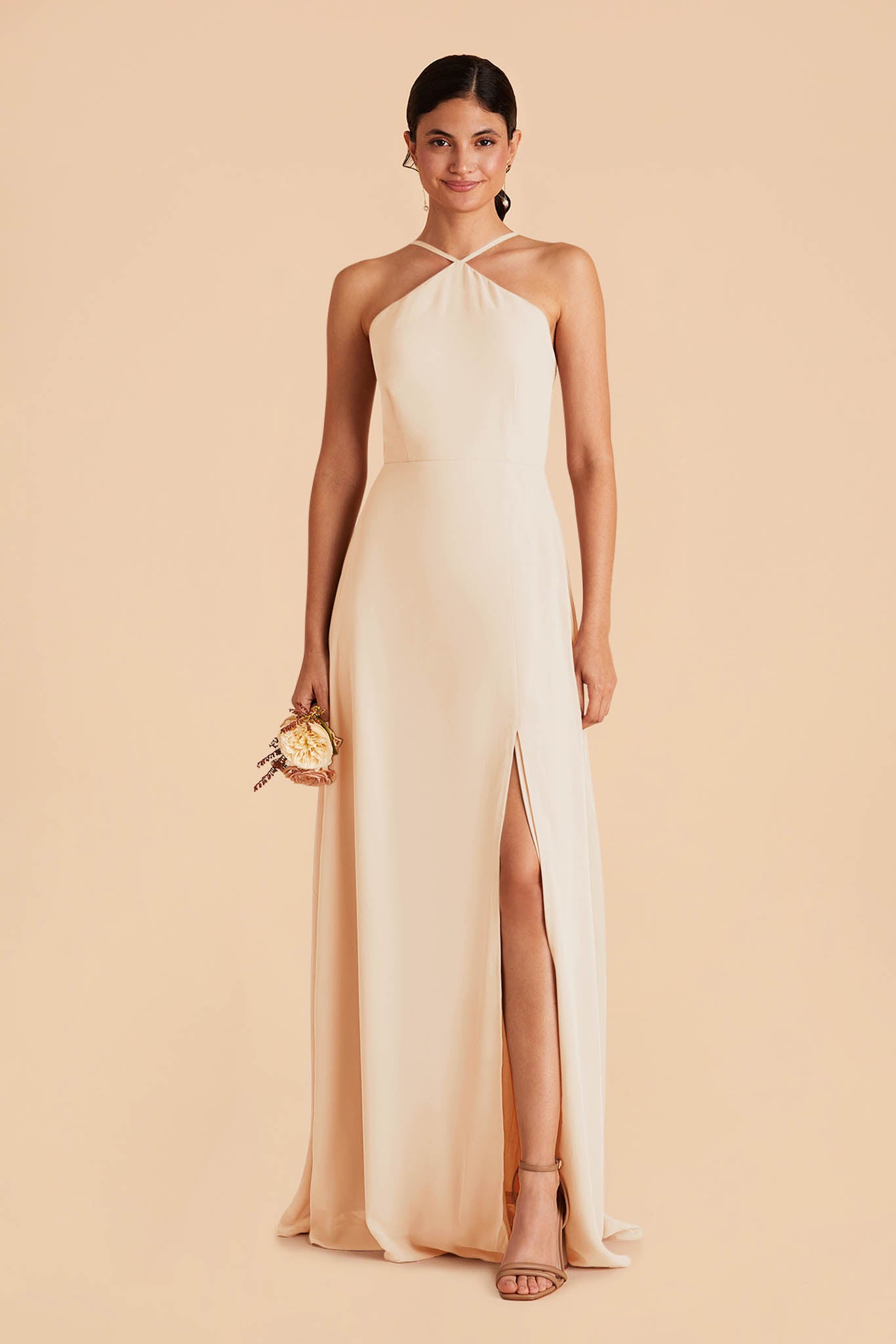 Chiffon Halter Dress with Slit | Juliet Champagne
